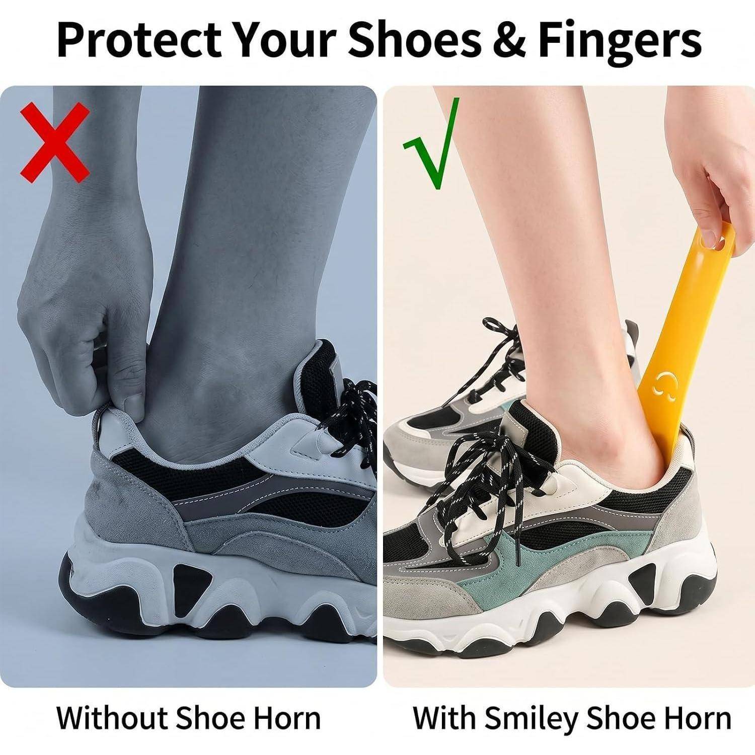 Das geteilte Bild zeigt die Nutzung von Schuhen: links „Ohne Schuhlöffel