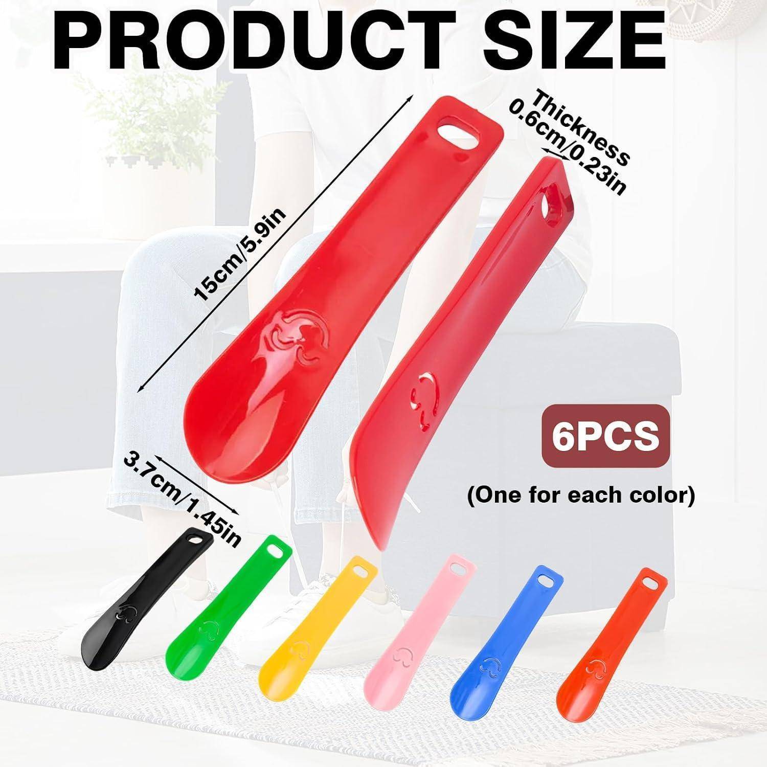 Größentabelle für Kunststoff-Schuhlöffel: 15 cm lang, 3,7 cm breit, 0,6 cm dick, in 6 Farben erhältlich, je eine Stück.