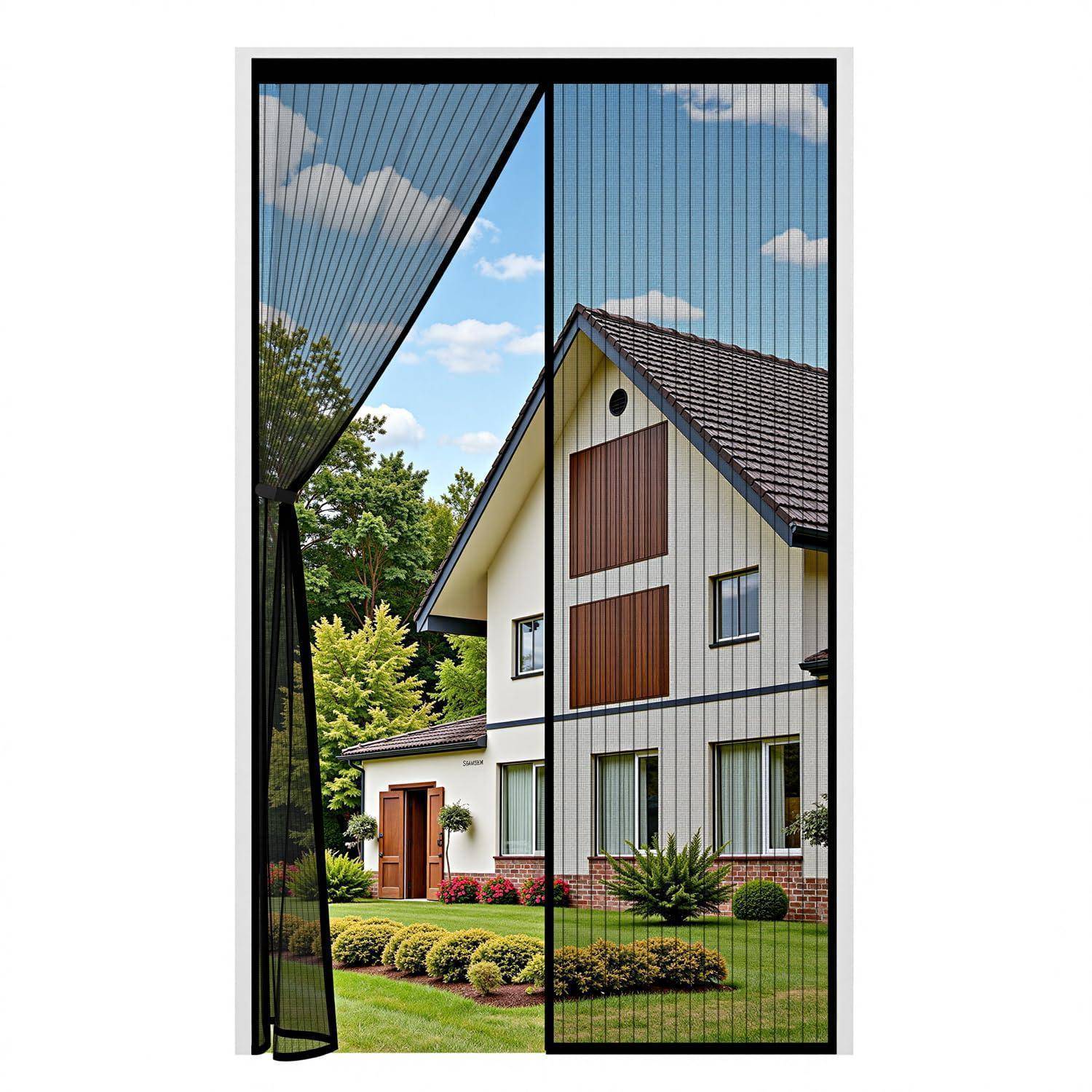 Aussicht durch einen transparenten schwarzen Maschenvorhang oder eine Bildschirmeinheit auf ein modernes zweistöckiges Haus mit einer gestalteten Gartenanlage und Bäumen im Außenbereich.