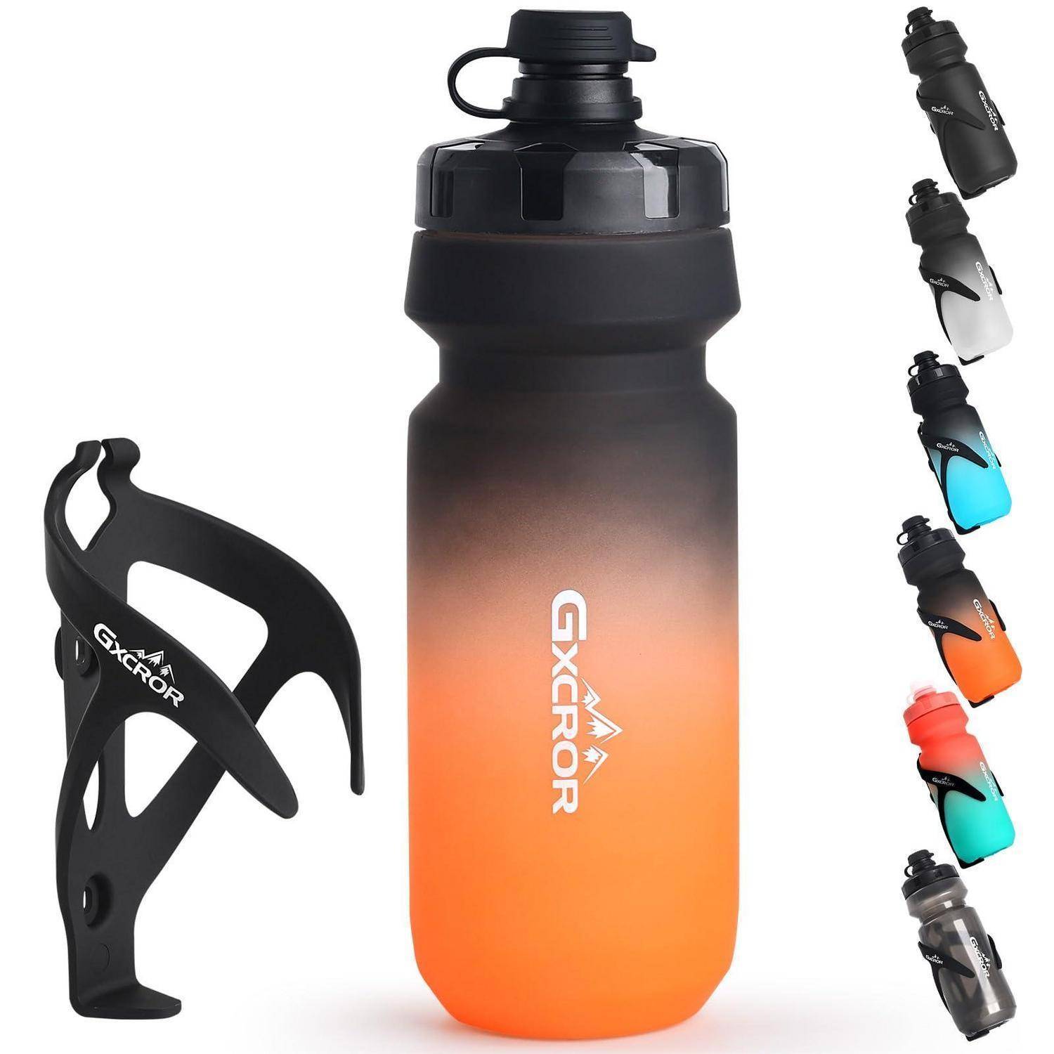 Orange-schwarze GXCROR Sportstrinkflasche mit Schraubverschluss, gezeigt mit schwarzem Seitenkäfig und fünf Farbvariationen.