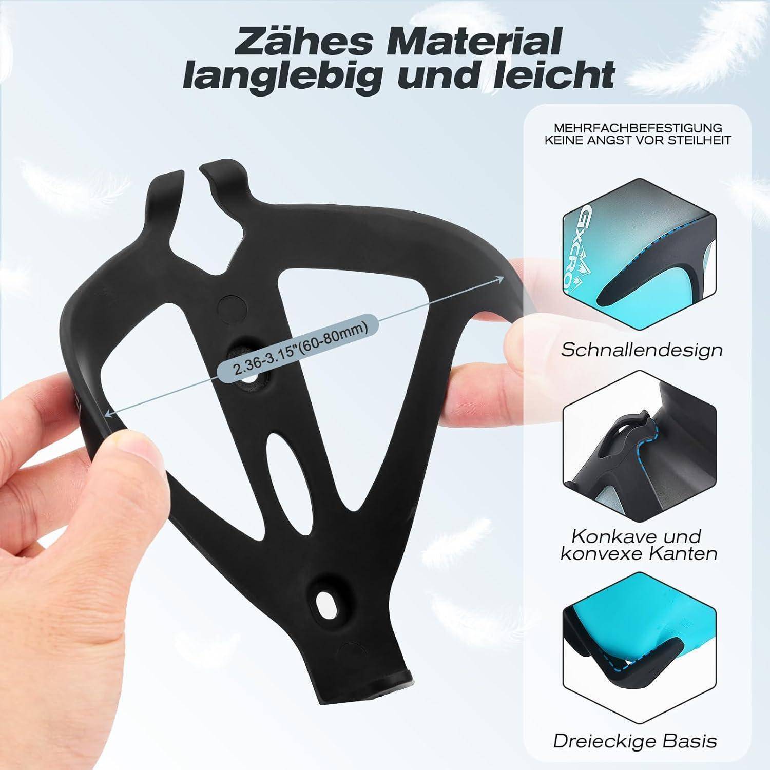 Hände halten eine schwarze Fahrrad-Flaschenhalterung mit verstellbarem Sitz für 2,36-3,15 Zoll (60-80 mm) Flaschen; deutscher Text hebt das leichte, langlebige Design und die sichere Montage hervor.