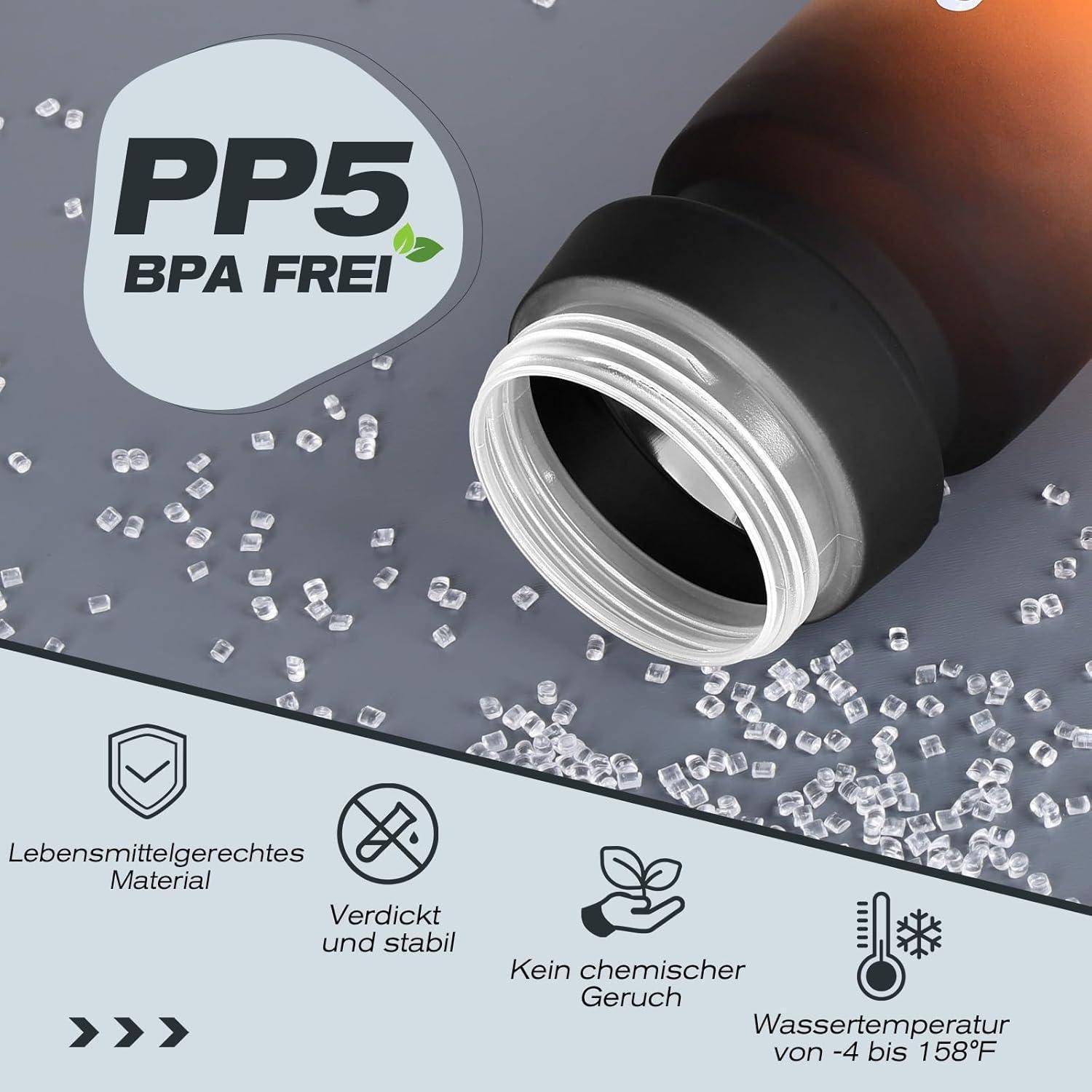 Produktbild einer BPA-freien PP5-Flasche mit Öffnung und deutschen Etiketten, die lebensmittelgeeignetes Material, robustes Design, geruchsfrei nach Chemikalien und Wassertemperatur von 10-85°F hervorheben.