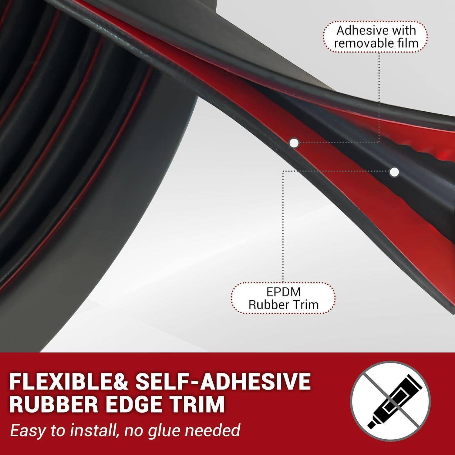 Werbe-Grafik für flexible selbstklebende Gummikantenschutz mit abnehmbarer Folie und EPDM-Gummikante, gekennzeichnet mit „Einfach zu installieren, kein Kleber erforderlich".
