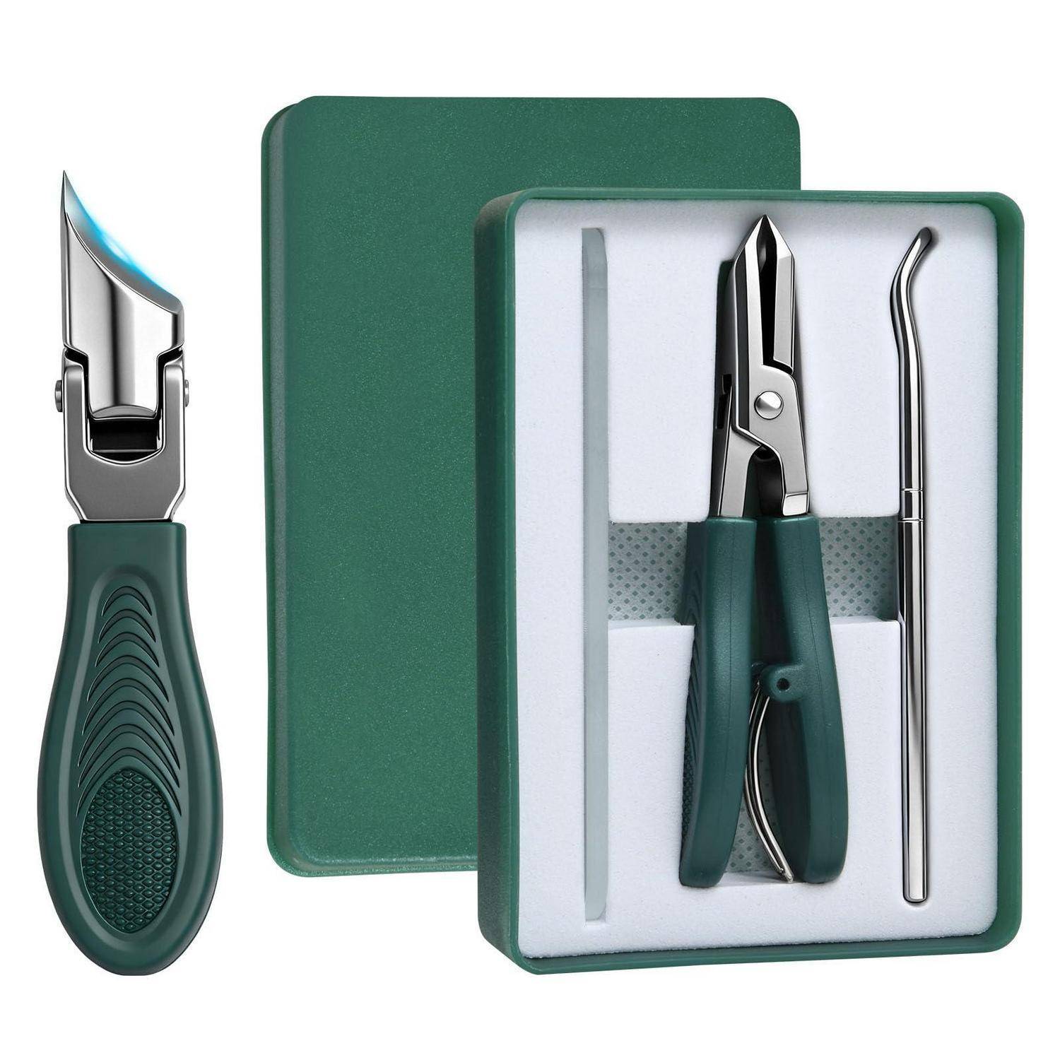 Grünes Maniküre-Set mit Nagelknipsern, Nagelhautzangen und Feile in einem Aufbewahrungskoffer, plus eine Nahaufnahme eines Werkzeugs.