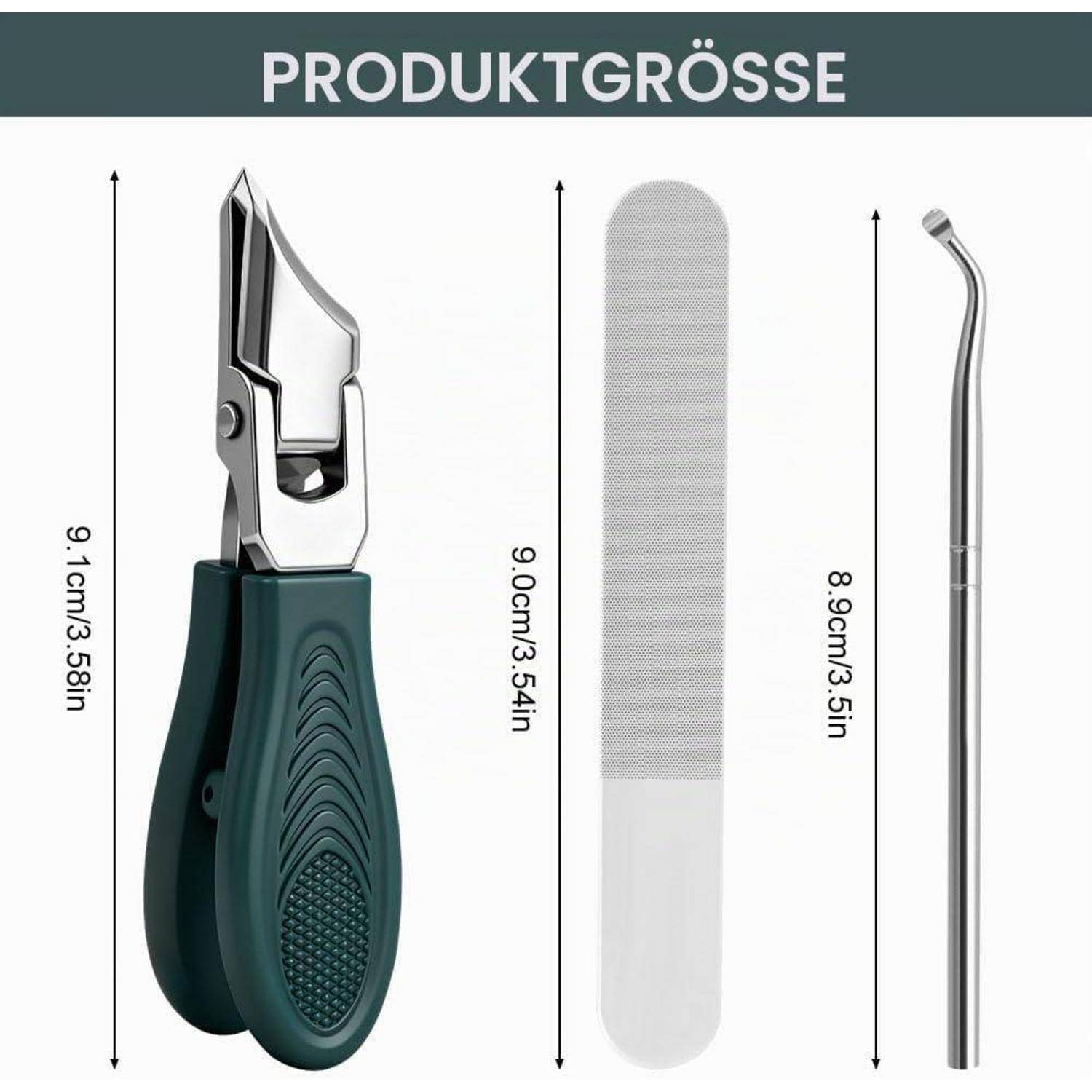 Größendiagramm für drei Pflegeinstrumente: Nagelknipser 9,1 cm, Feile 9,0 cm und gekrümmter Spachtel 8,9 cm.