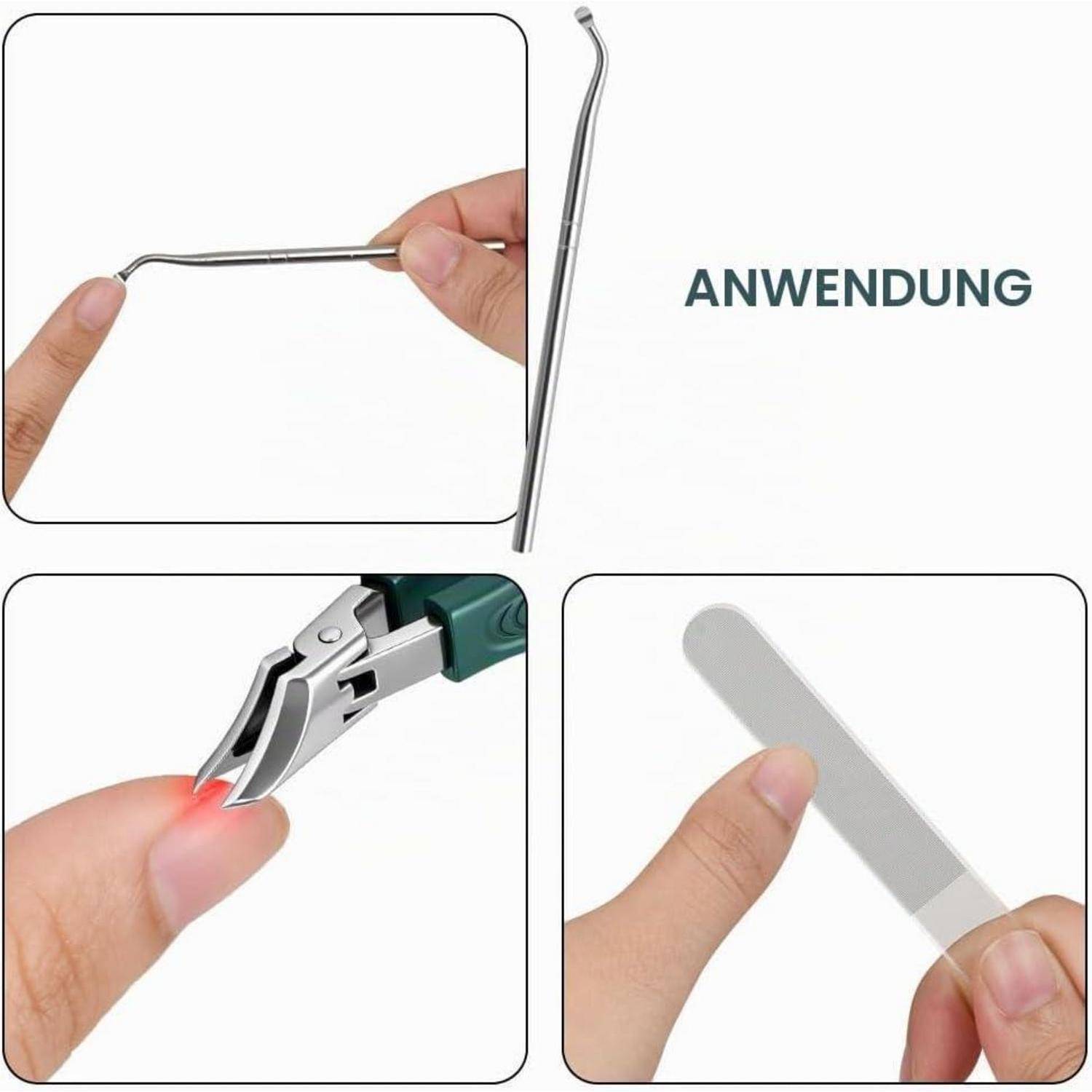 Anleitung-Collage, die ein Metallnagel-Werkzeug zeigt, das zum Reinigen unter den Nägeln und zum Feilen einer Fingerspitze gebogen wird, mit der deutschen Bezeichnung 'ANWENDUNG', was Anwendung bedeutet.
