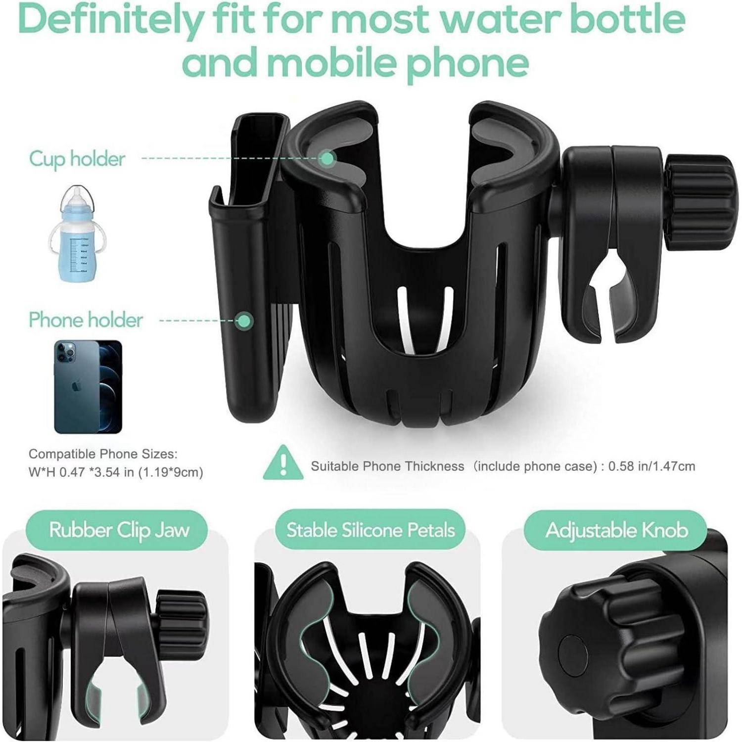Produktdiagramm einer Fahrradlenker-Getränkehalterung mit integriertem Telefonhalter, geeignet für die meisten Wasserflaschen und Mobiltelefone, verstellbare Klemmbacken, Silikonblütenblätter und Spannknopf.