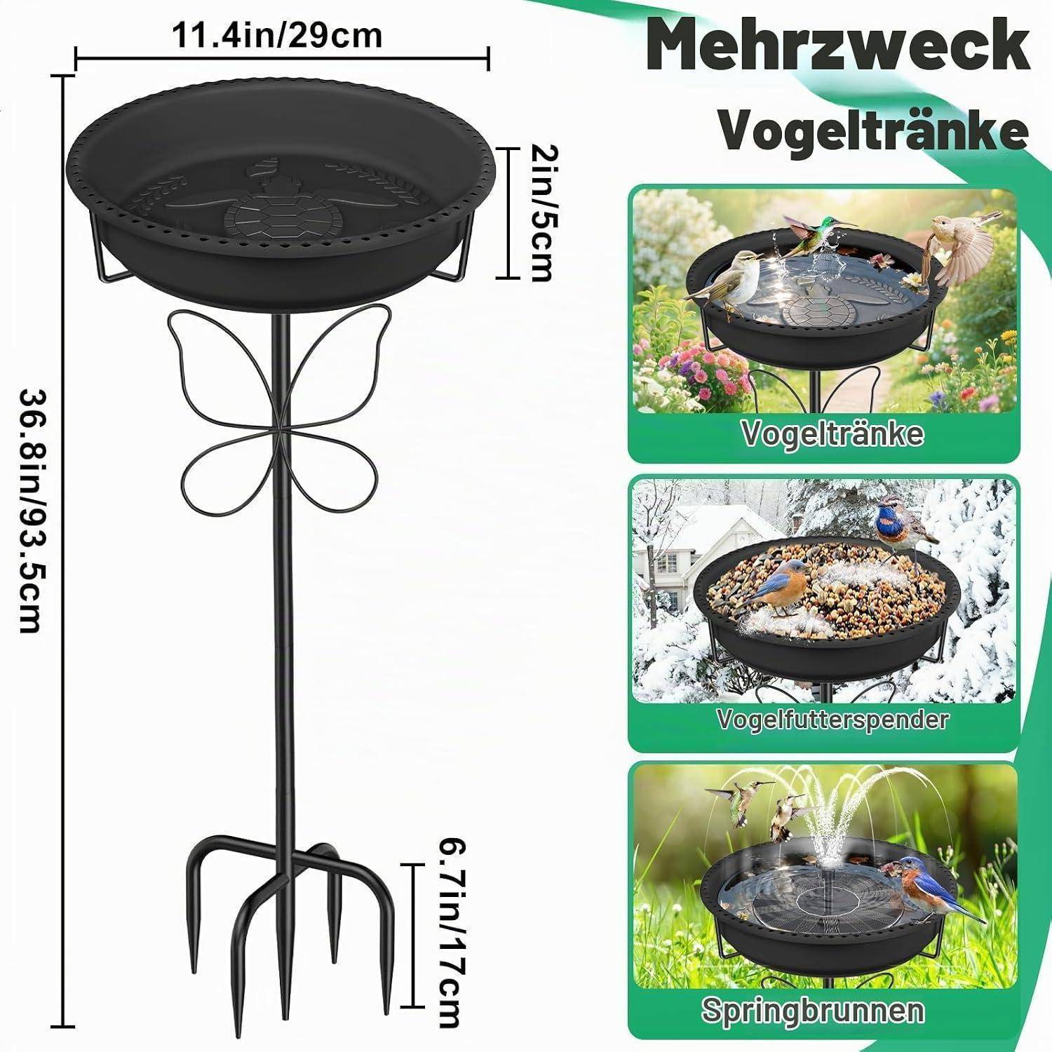 Produktdiagramm eines 93,5 cm hohen Metallvogeltrankständers/Futterspenders mit einer 29 cm Schale und 17 cm Erdpflöcken, plus Verwendungsbeispiele für Vogeltränke, Futterspender und Springbrunnen.