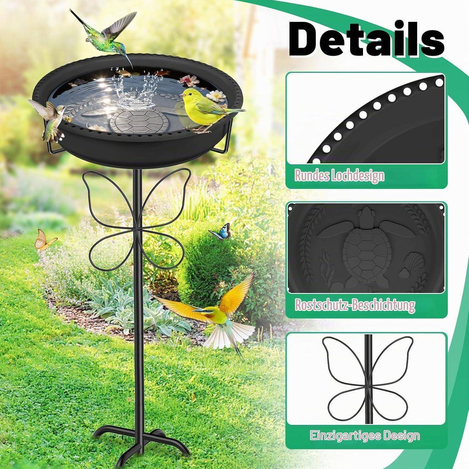 Werbebild eines runden Vogelbads auf einem dekorativen Ständer in einem Garten, mit Detailausschnitten für das Design mit abgerundeten Kanten, Rostschutzschicht und schmetterlingsförmige Stütze.