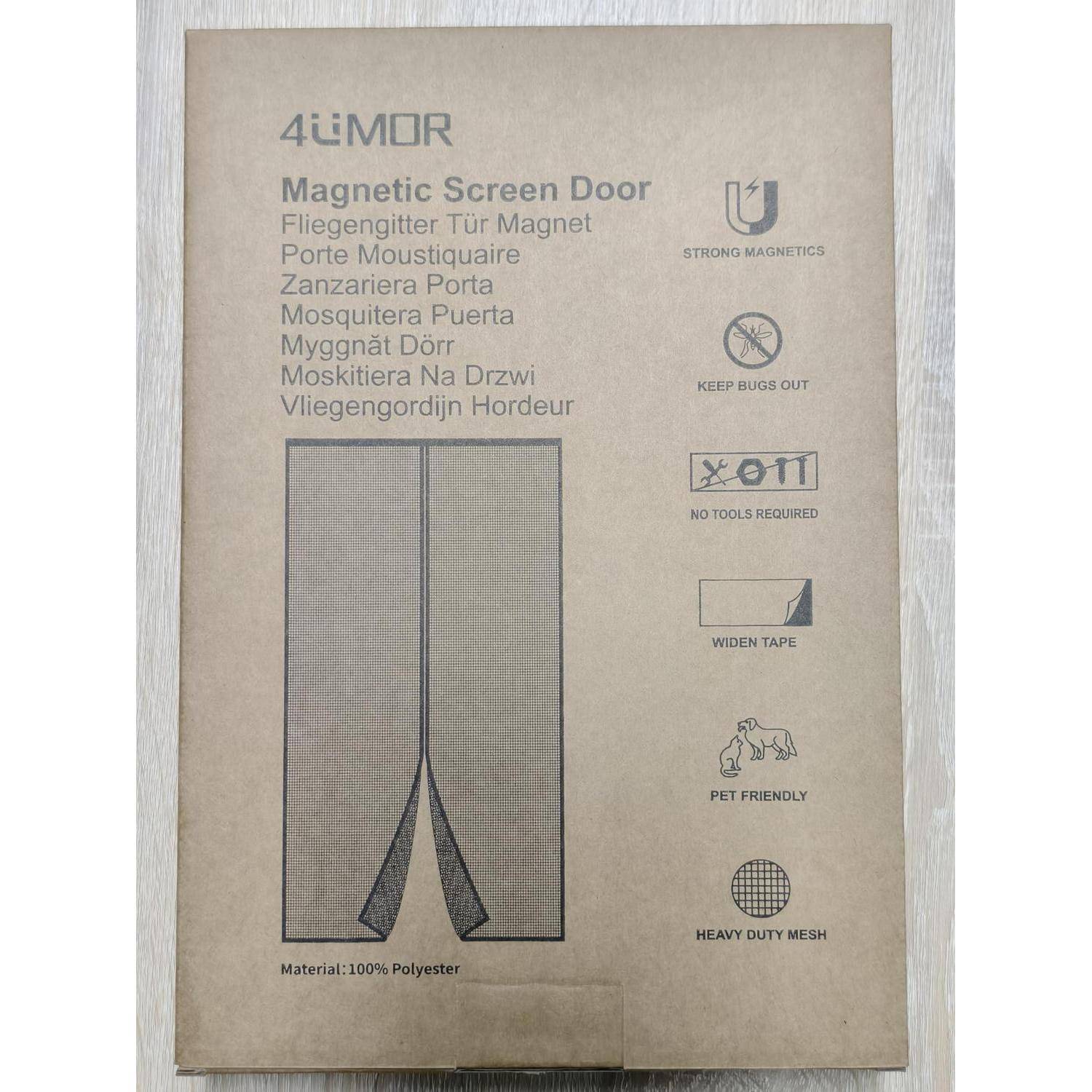 Karton für eine 4iMOR magnetische Fliegengittertür mit Produktabbildung und Funktionen: starke Magnete, hält Insekten fern, kein Werkzeug erforderlich, haustierfreundlich, robustes Netzgewebe.