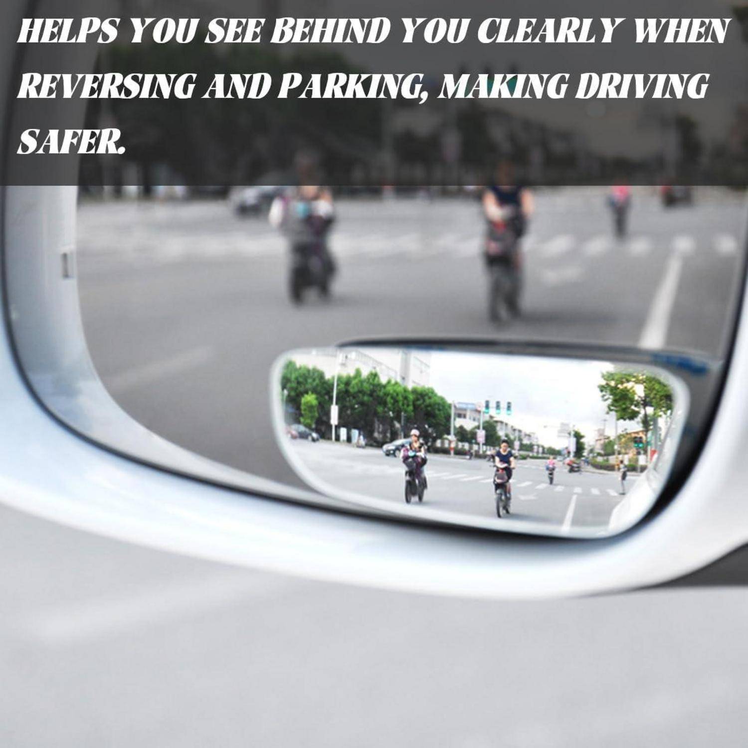 Der Außenspiegel des Autos zeigt einen klaren Rückblick auf Motorradfahrer dahinter; Der Text besagt, dass er Ihnen hilft, beim Rückwärtsfahren und Parken dahinter zu sehen, um sicherer zu fahren.