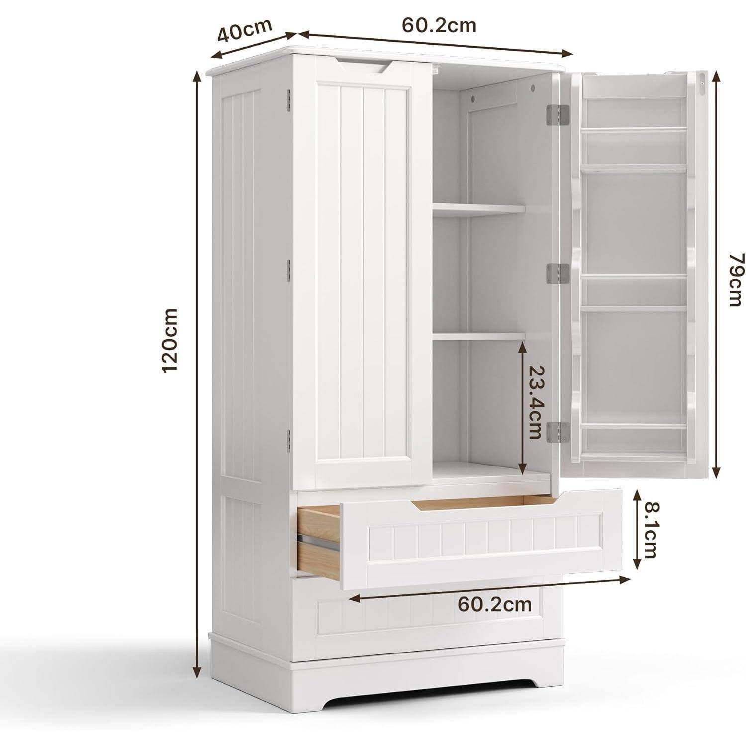 Weißer Lagerschrank mit offener Tür und Schublade, mit den Abmessungen 120 cm hoch, 60,2 cm breit und 40 cm tief.