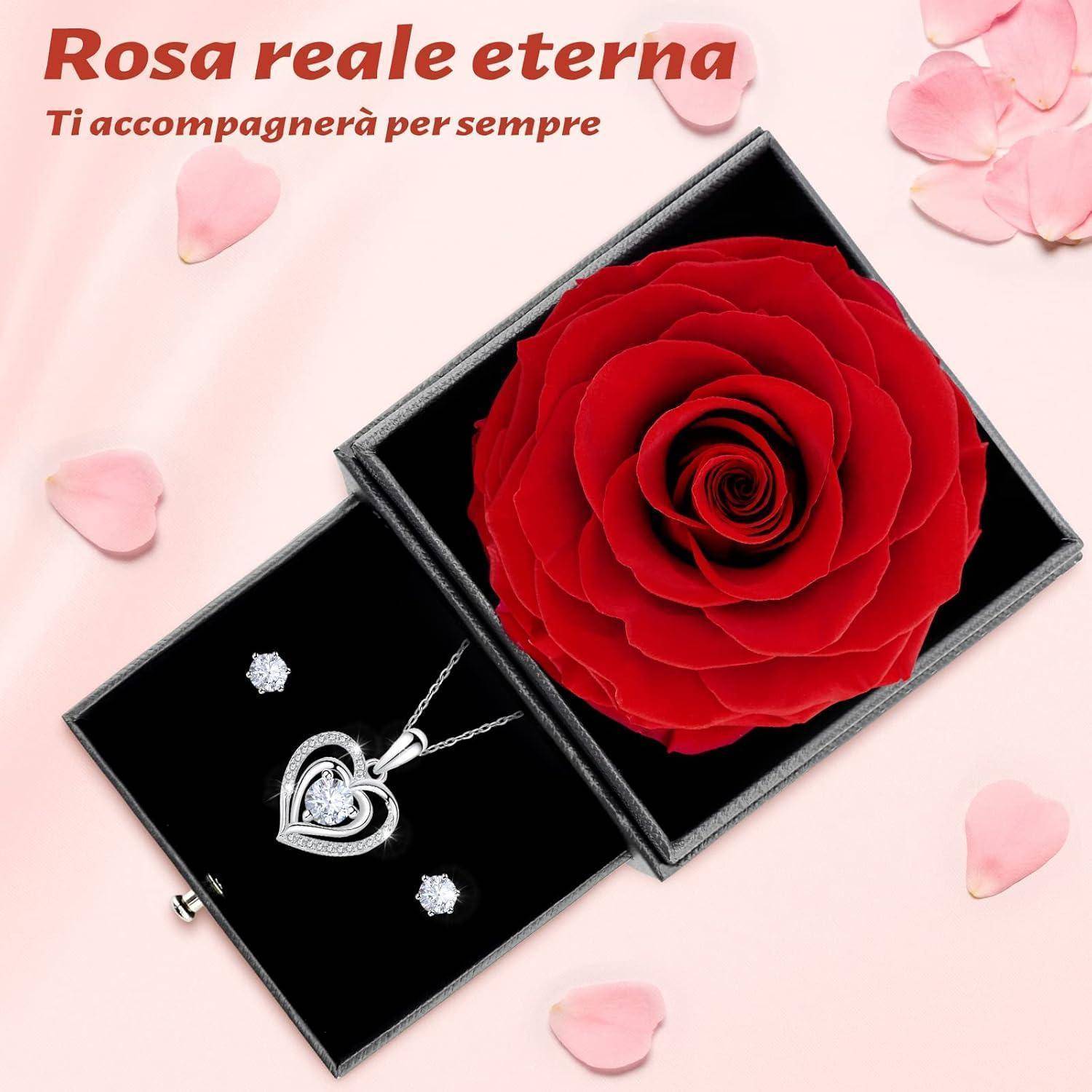 Geschenkbox mit einer roten Rose und einer Herzkette; der Text lautet „Rosa reale eterna" und „Ti accompagnerà per sempre"".