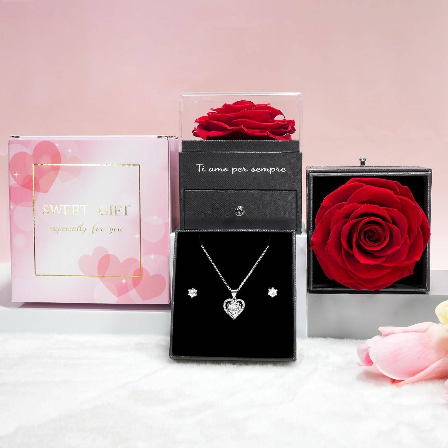 Geschenkboxen mit einer roten Rose und einer silbernen Herzkette, mit 'Ti amo per sempre' und 'SWEET GIFT especially for you' auf der Verpackung.