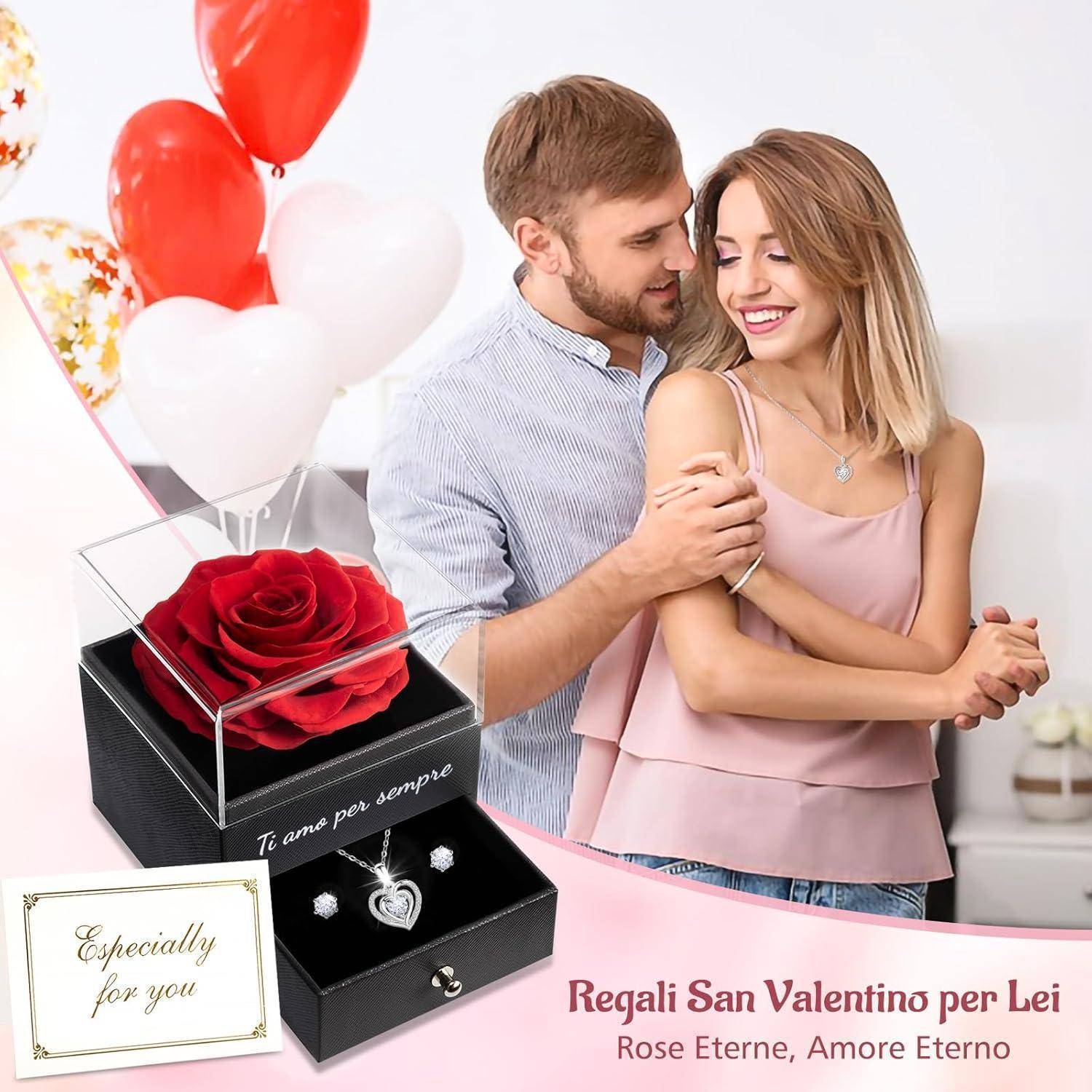 Valentinstag-Geschenkset: lachendes Paar, das sich neben roten und weißen Herzballons umarmt, mit einer schwarzen Schachtel mit einer roten Rose und Schmuck, mit italienischem Text „Regali San Valentino per Lei" und „Rose Eterne, Amore Eterno"".