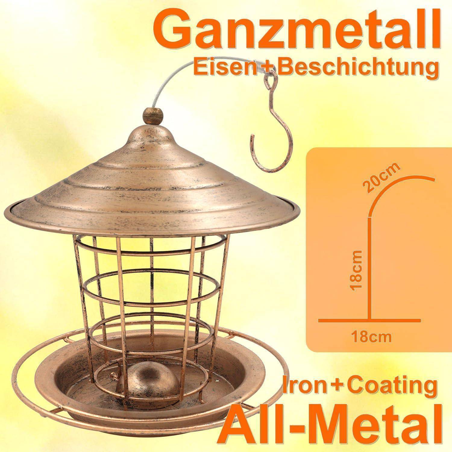 Vogelfutterhaus aus Metall mit Aufhängehaken, mit der Kennzeichnung „Ganzmetall Eisen+Beschichtung" und „Iron+Coating""; die Vergrößerung zeigt die Abmessungen 20 cm Höhe und 18 cm Breite.