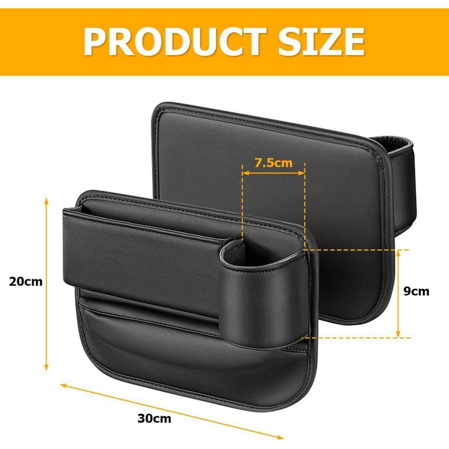 Produktgrößendiagramm eines schwarzen Leder-Autositz-Spaltenorganizers mit Abmessungen von 30 cm Breite, 20 cm Höhe, 9 cm Tiefe und 7,5 cm Öffnung.