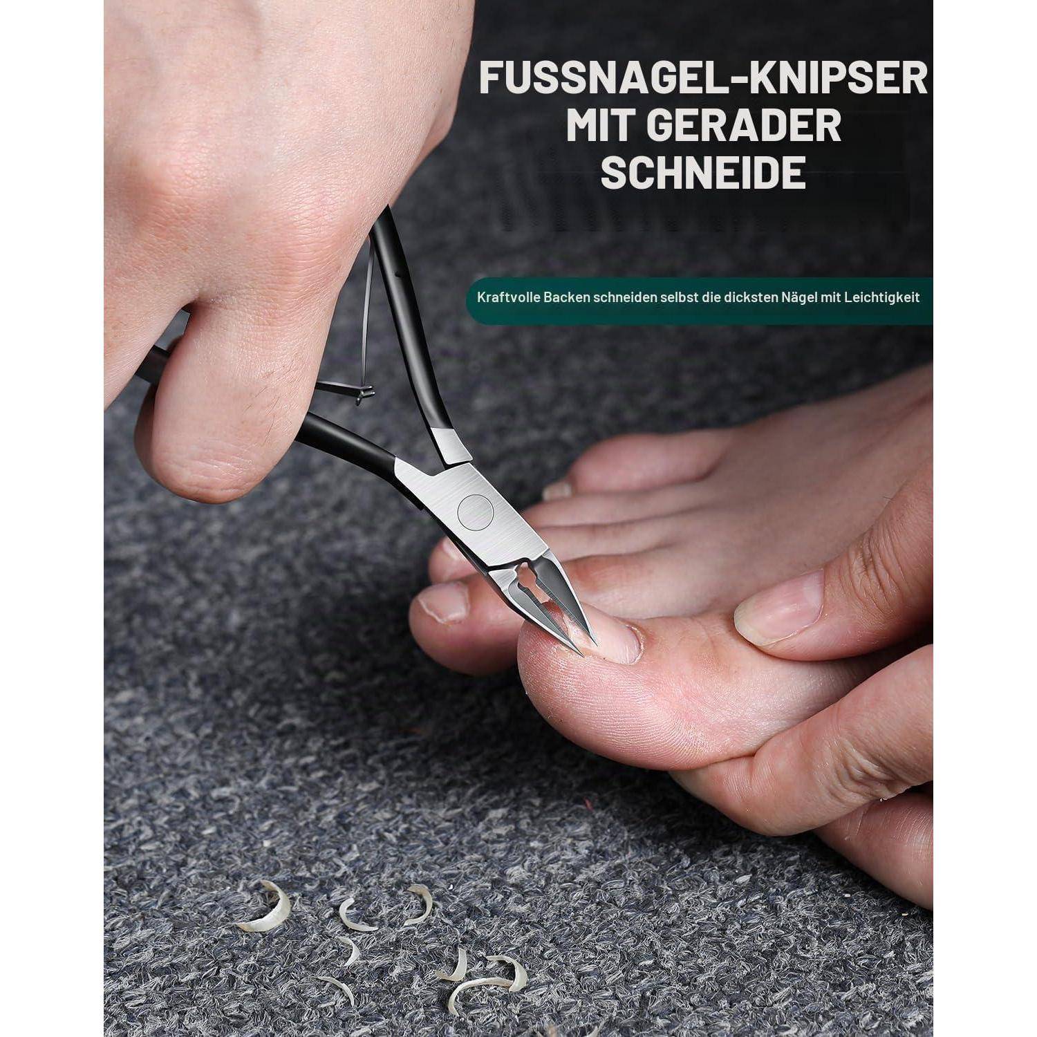 Hände verwenden einen Nagelknipser, um einen Fußnagel zu trimmen, mit deutschem Text, der einen geradkantigen Nagelknipser für präzises Schneiden bewirbt.