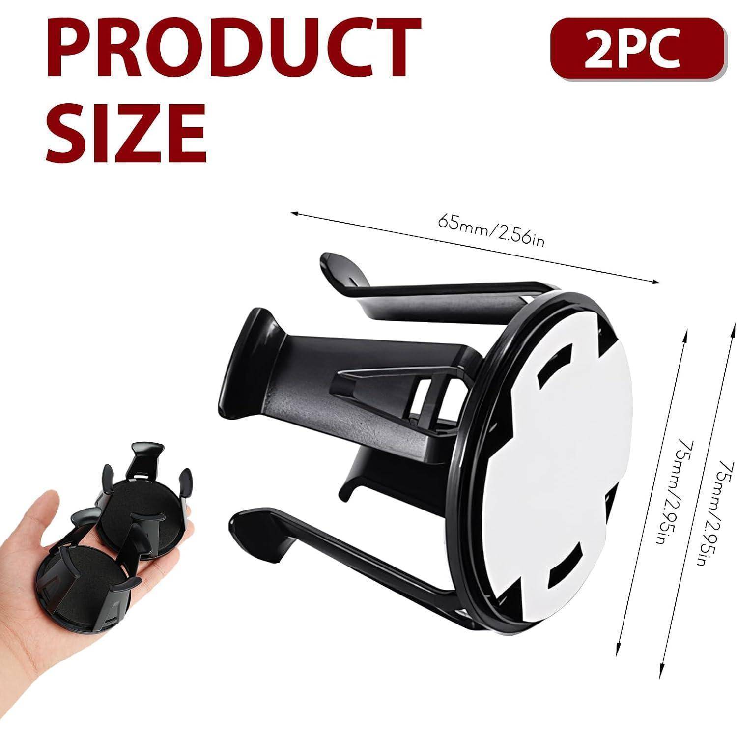 Produktgrößendiagramm für eine zweiteilige schwarze Autogetränkehalterhalterung mit Abmessungen von 65 mm Breite und 75 mm Höhe, mit einer Hand, die die zusammengeklappte Einheit hält.