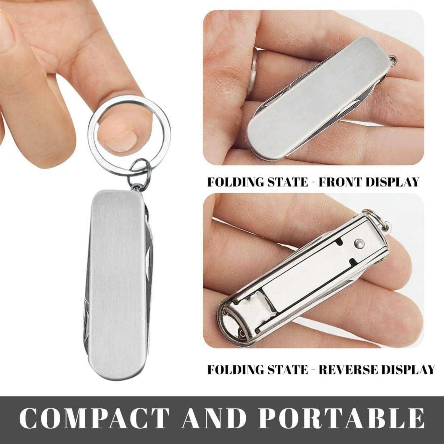 Silbernes Klappmesser-Schlüsselanhänger von vorne und hinten geschlossen gezeigt, wobei sein kompaktes, tragbares Design hervorgehoben wird.