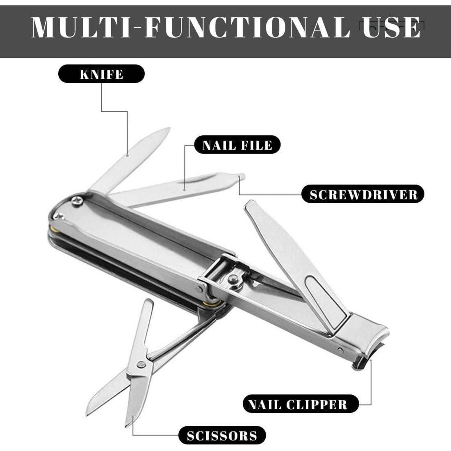 Illustriertes Multifunktions-Taschenmesser mit Beschriftungen „Messer