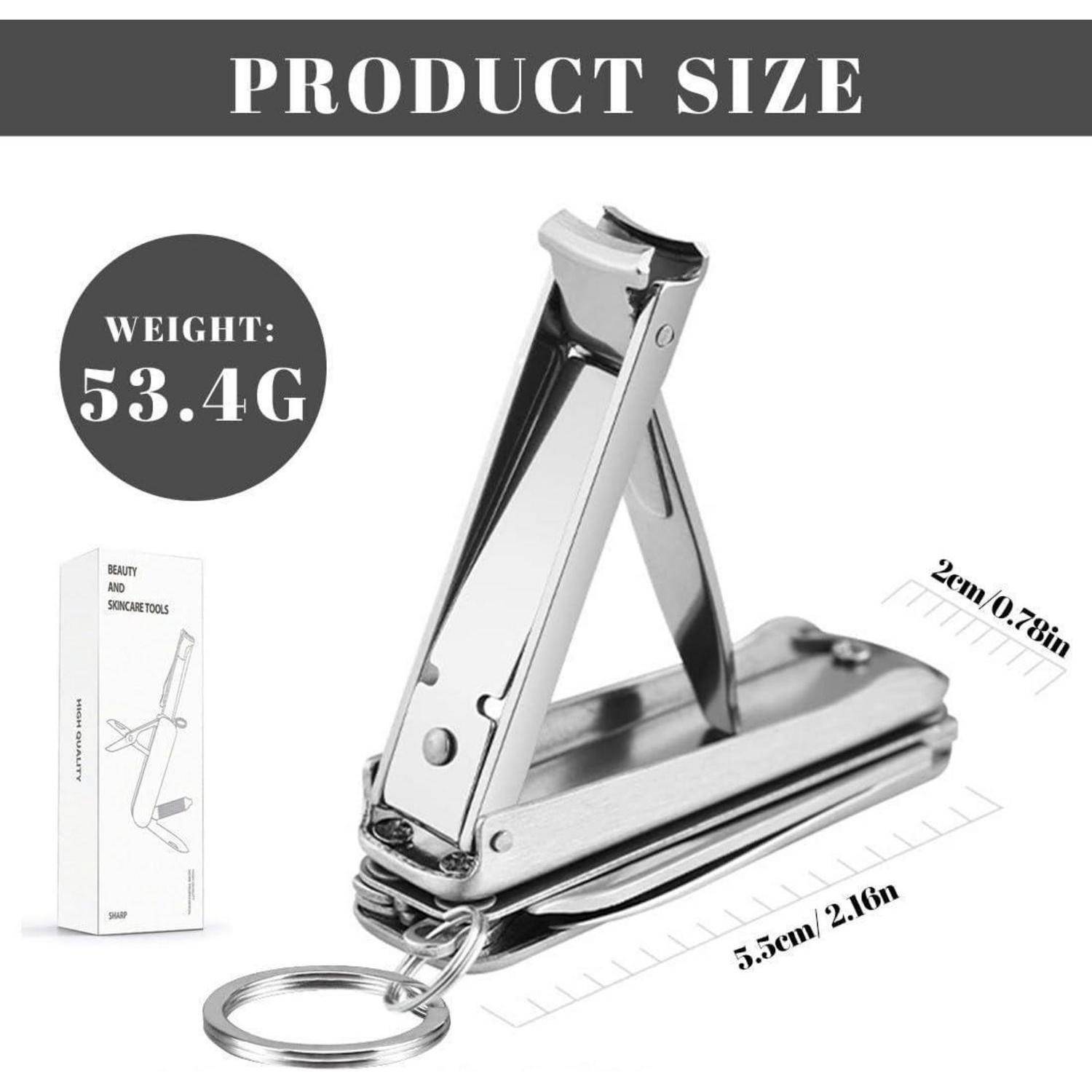 Produktgrößengrafik mit einer klappbaren Nagelschere als Schlüsselanhänger, Gewicht 53,4 g, Abmessungen 5,5 cm x 2 cm, mit abgebildeter Produktverpackung.