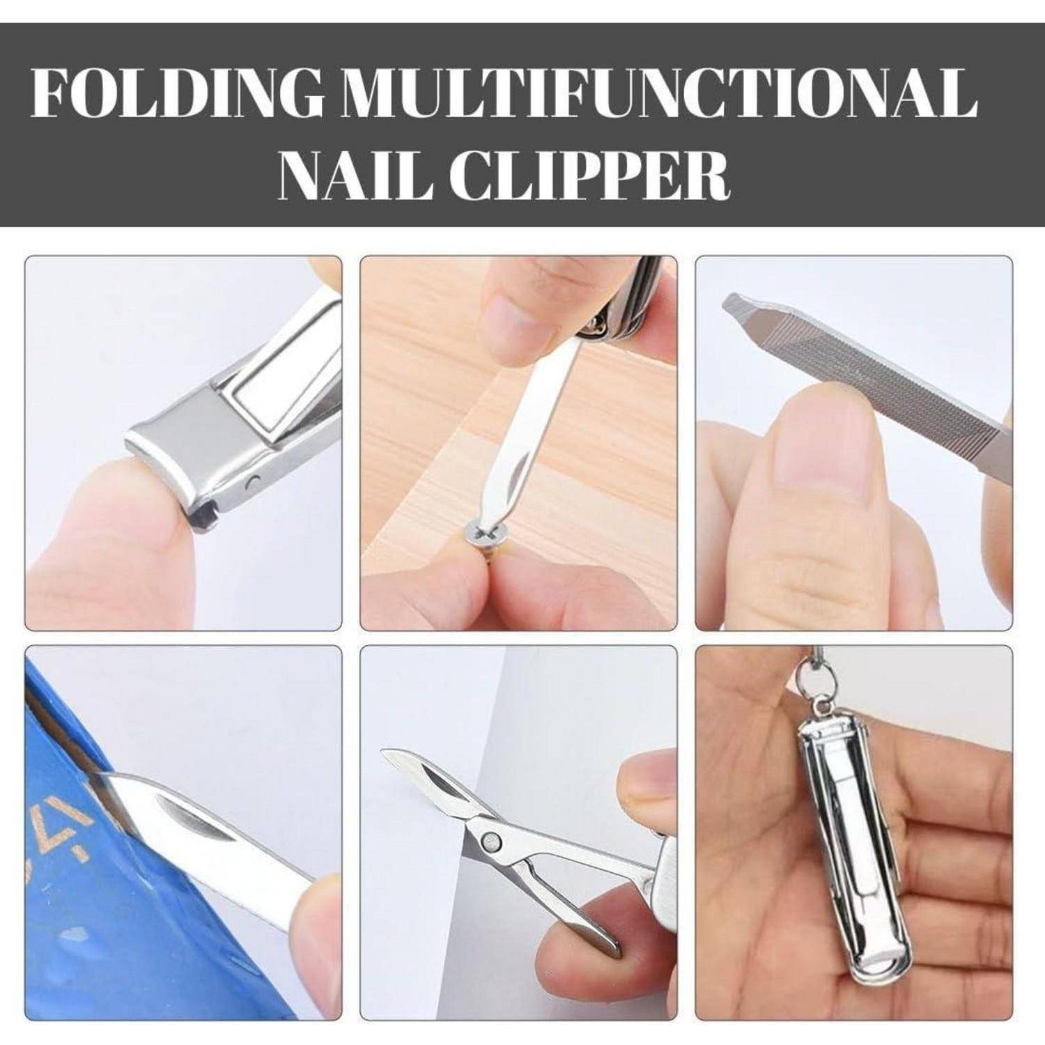 Produktbild einer faltbaren multifunktionalen Nagelschere, das in sechs Nahaufnahmen gezeigt wird und die Nagelschneidung, die Verwendung einer Feile, das Trimmen von Nagelhaut und die Taschengröße für den Schlüsselbund demonstriert.