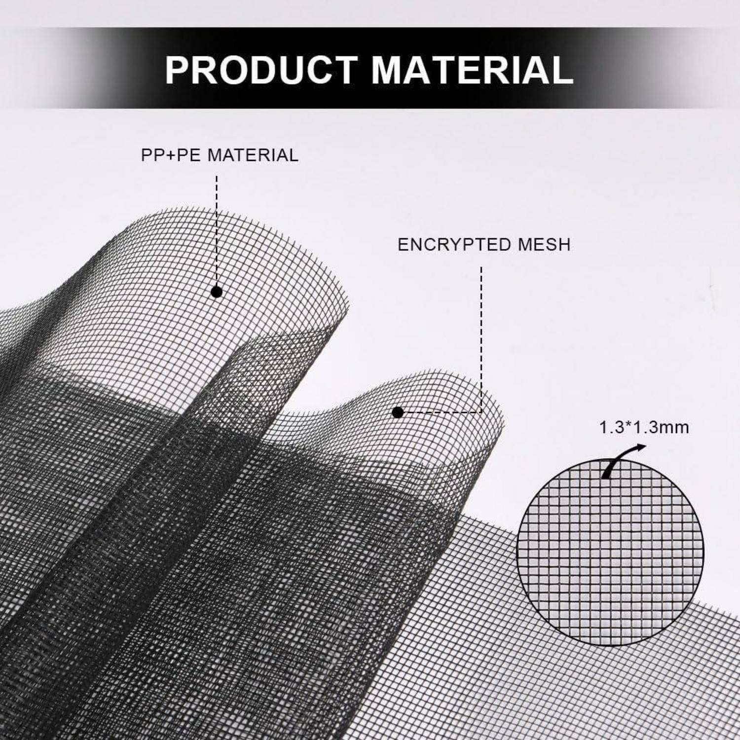 Produktmaterialdiagramm mit PP+PE-Netz mit verschlüsseltem Netzmuster und 1,3×1,3 mm Gitterdetail.