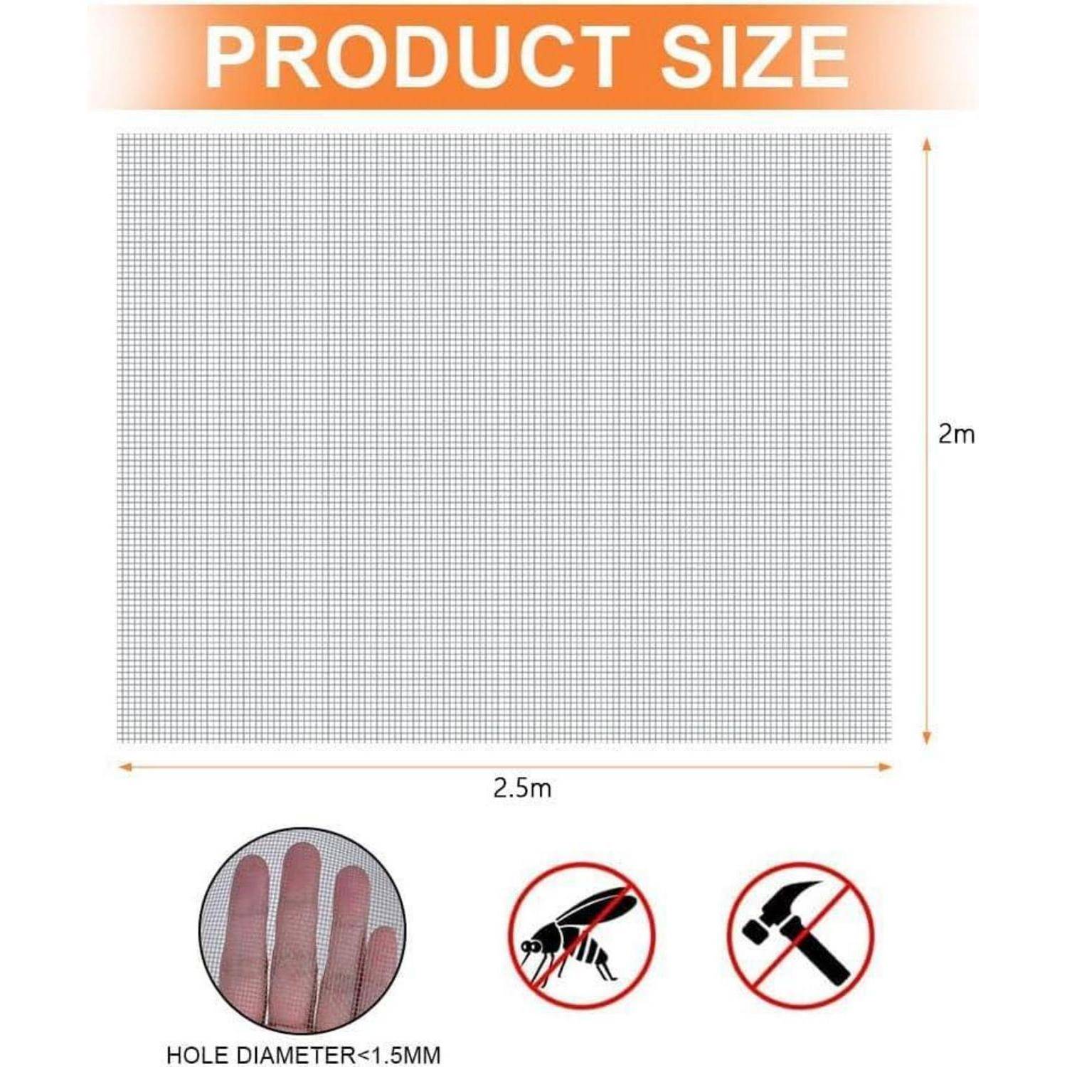 Produktgrößendiagramm zeigt ein Maschensieb von 2,5 m x 2 m mit 1,5 mm Lochdurchmesser; Symbole zeigen insektenabweisend und nicht zum Hämmern geeignet.