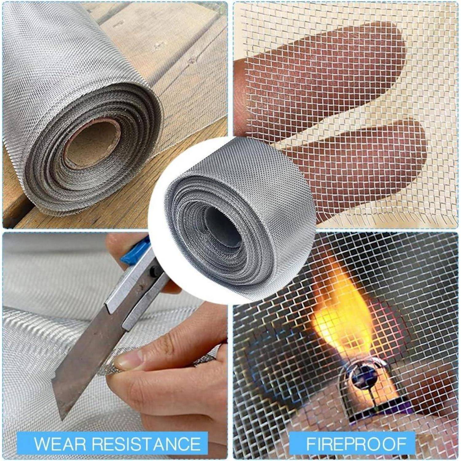 Kollage zeigt einen aufgerollten Metallgitterscreen für verschleißfeste und feuerfeste Schutzvorrichtungen, einschließlich Schneid-, Wärme- und Bodennutzungsbeispielen.