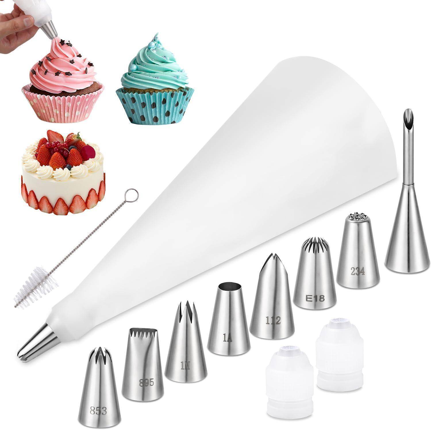 Kuchendekorationsspritzgebeutel mit verschiedenen Metallglasurfondant-Spitzenaufsätzen, Pinsel, Kupplungen und dekorierten Cupcakes sowie Kuchenbeispielen.