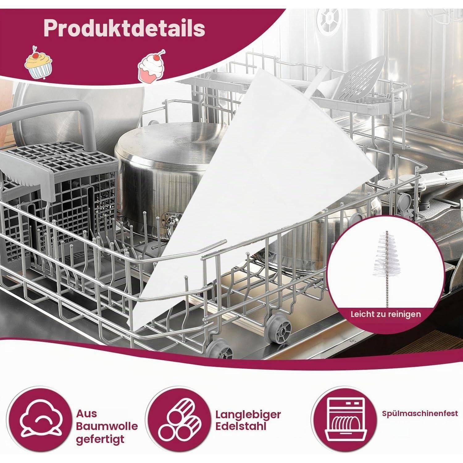 Geschirrspülkorb mit einem weißen Schneidebrett und metallischen Küchenutensilien, gekennzeichnet mit „Produktdetails