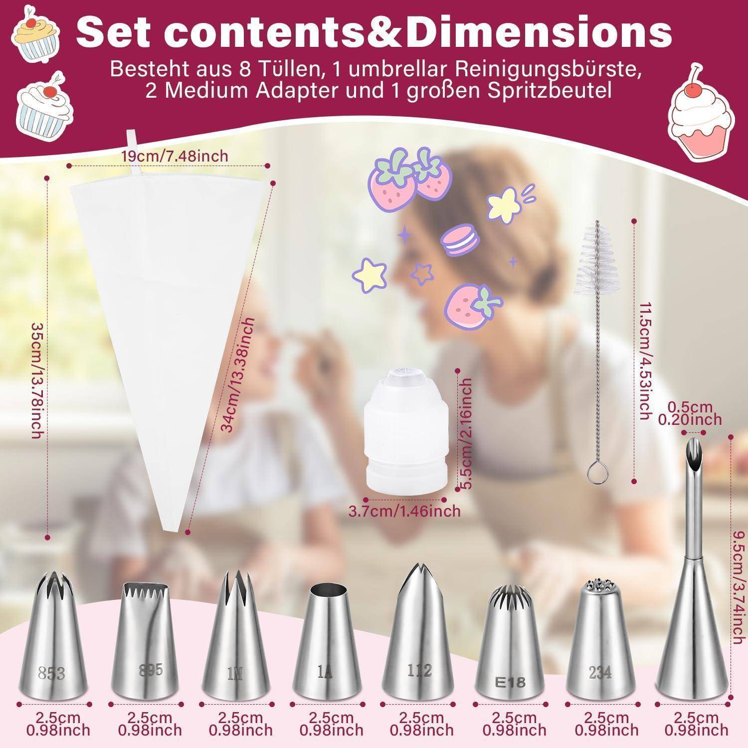 Diagramm, das den Inhalt und die Abmessungen eines Spritzbeutel-Sets zeigt, einschließlich 8 Metallaufsätze, einer Reinigungsbürste, 2 mittleren Adaptern und 1 großem Spritzbeutel.