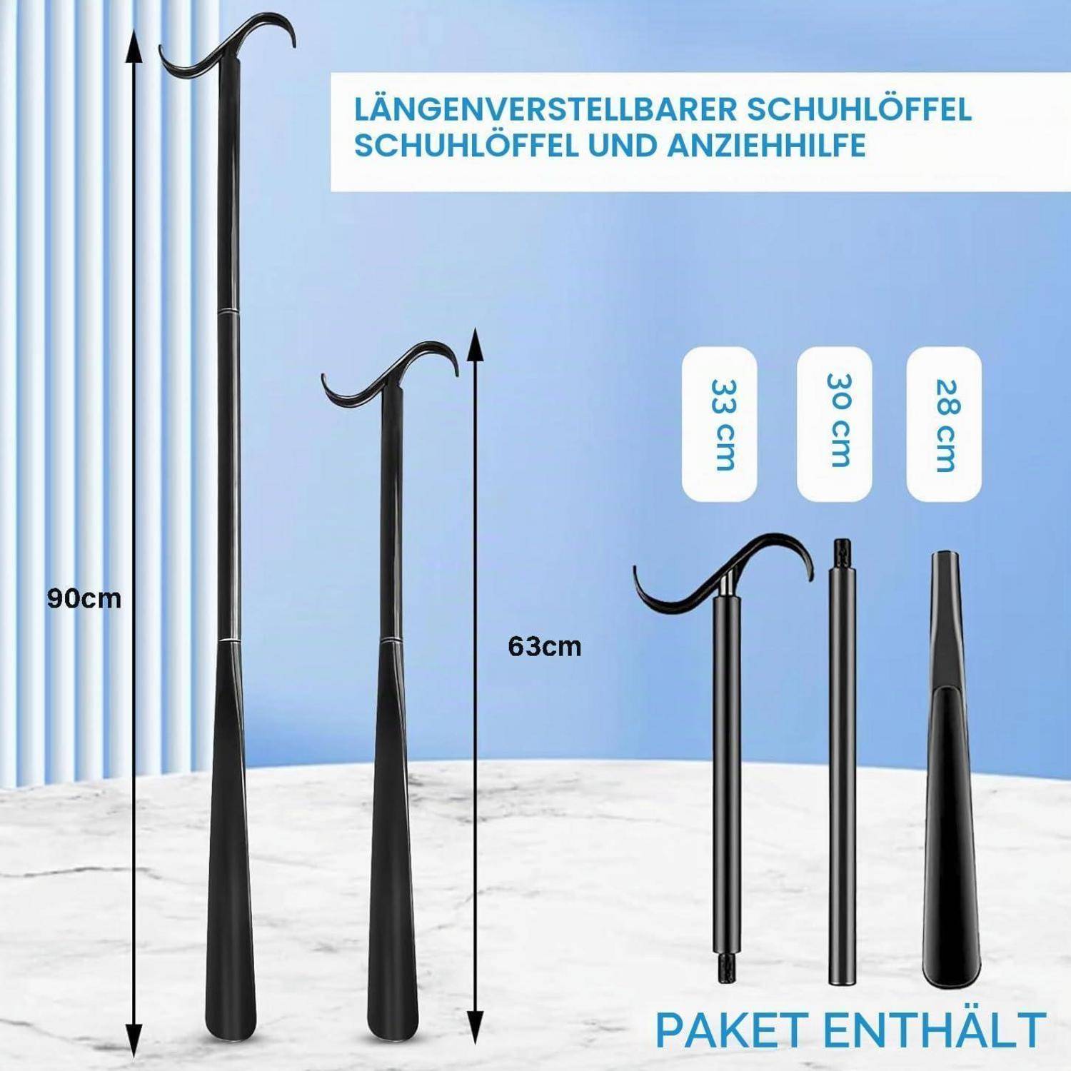 Werbung für einen längenverstellbaren Schuhlöffel und Anziehhilfe, die zwei zusammengesetzte Längen zeigt, 90 cm und 63 cm, und Packungsinhalt: 33 cm Griff, 30 cm Verlängerung, 28 cm Schuhlöffelbrett.