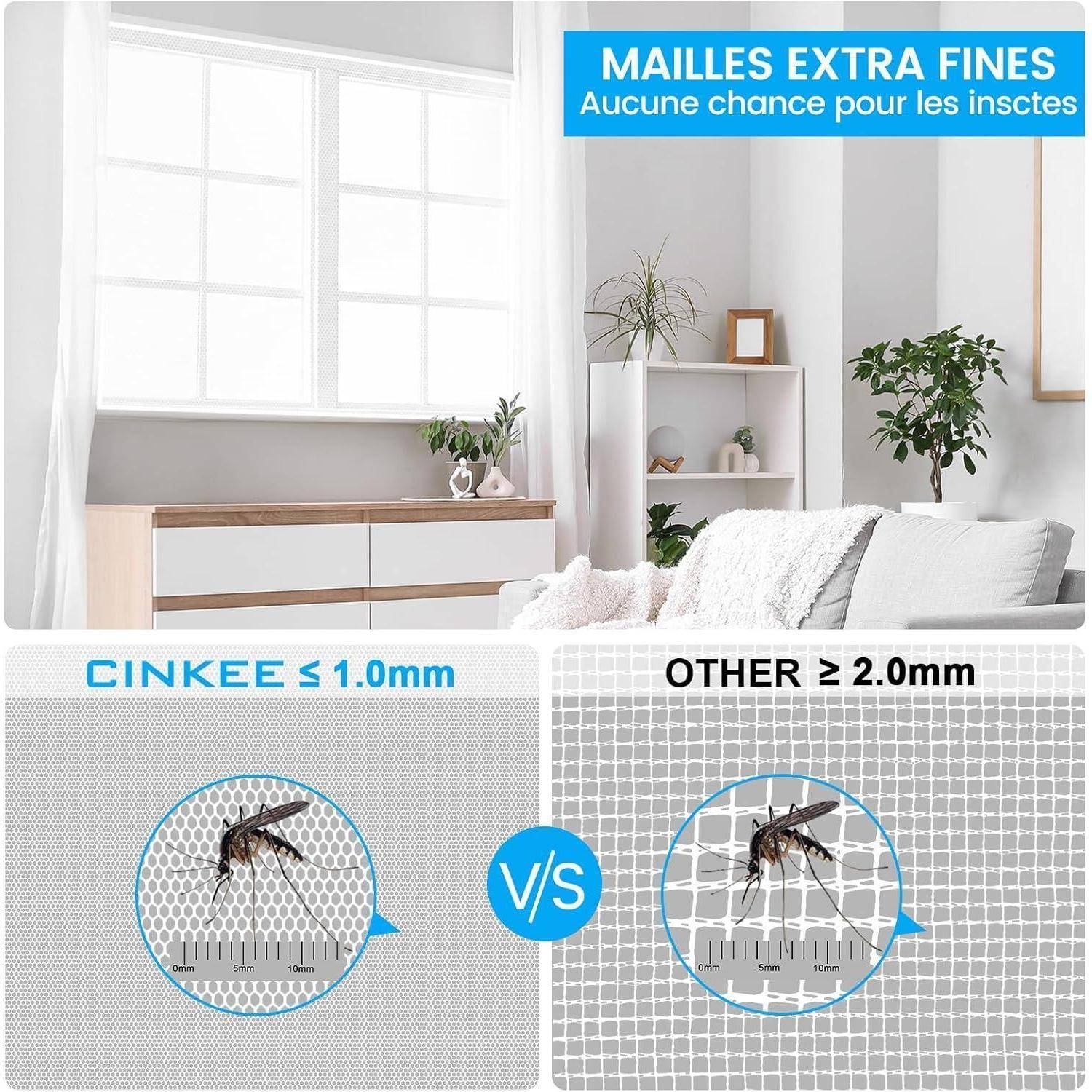 CINKEE ≤ 1,0 mm blockiert Insekten besser als ANDERE ≥ 2,0 mm, dargestellt in einem hellen Schlafzimmer.
