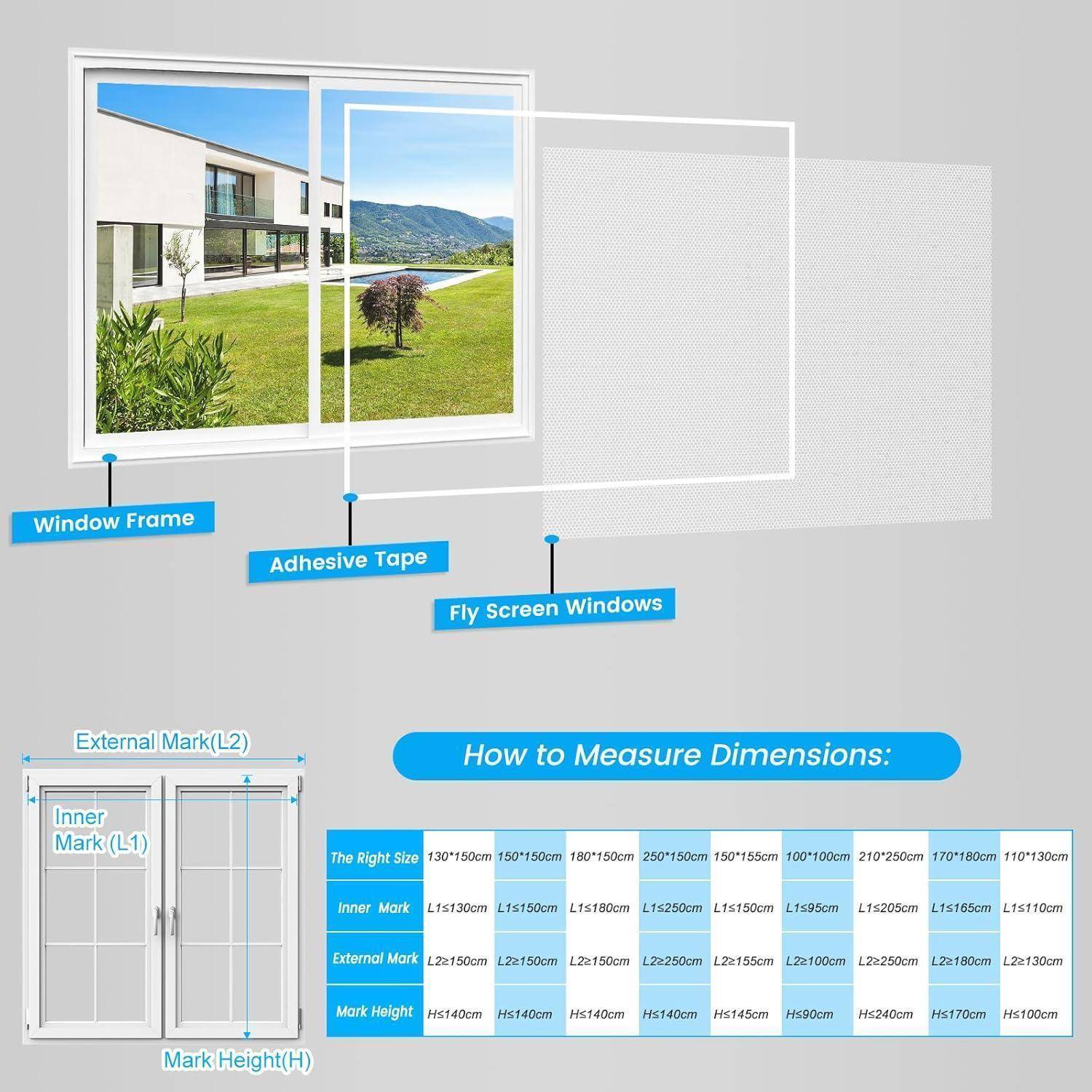Infografik, die zeigt, wie man die Abmessungen eines Fliegengitter-Fensters misst, mit Fensterrahmen, Klebeband und gekennzeichneten Höhen- und Breitenpunkten.