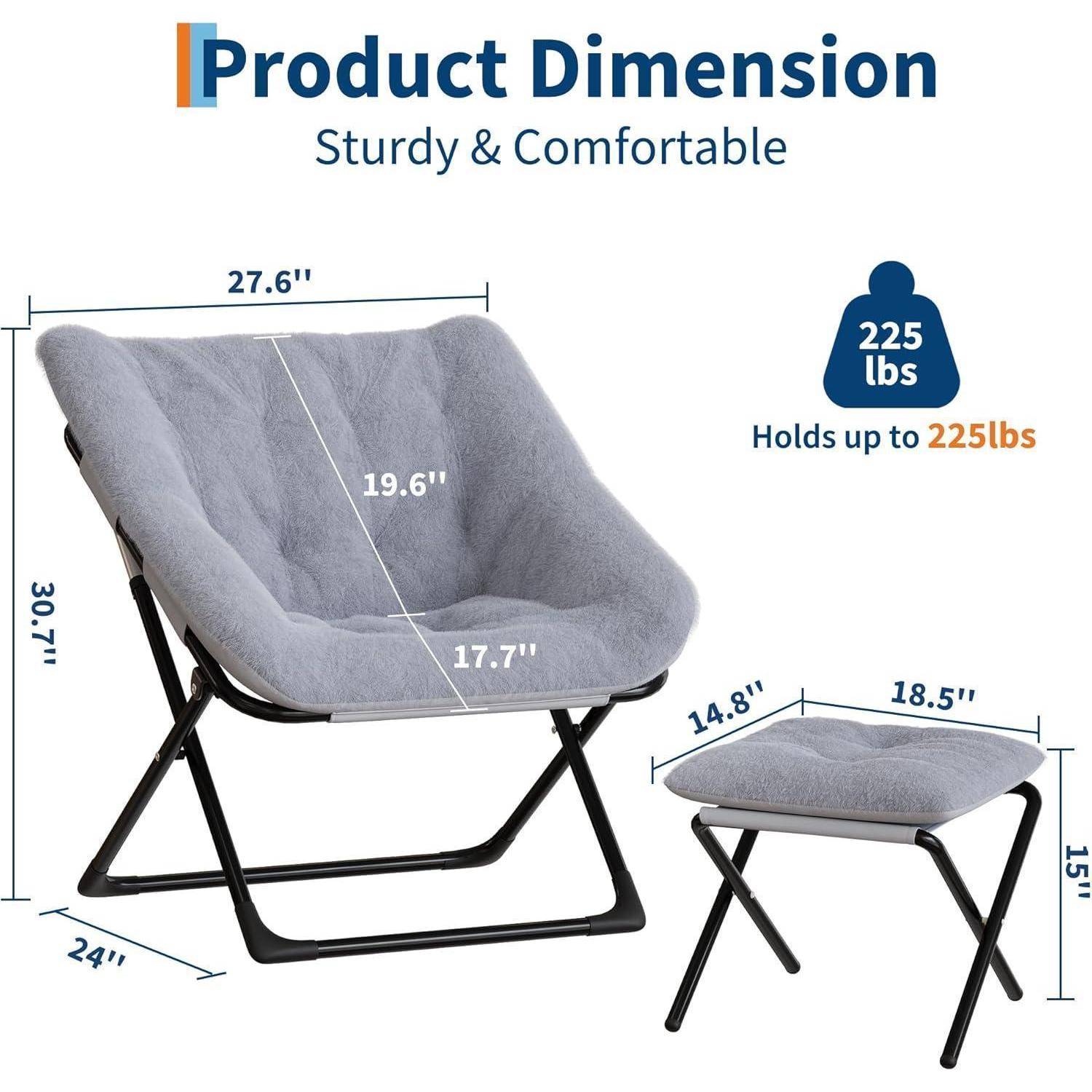 Produktmaßdiagramm für einen grauen Klappstuhl und ein passendes Hocker, das die Stuhlgröße 27,6 x 30,7 x 24 Zoll und die Hockergröße 18,5 x 15 x 14,8 Zoll zeigt; der Stuhl hält bis zu 225 Pfund.
