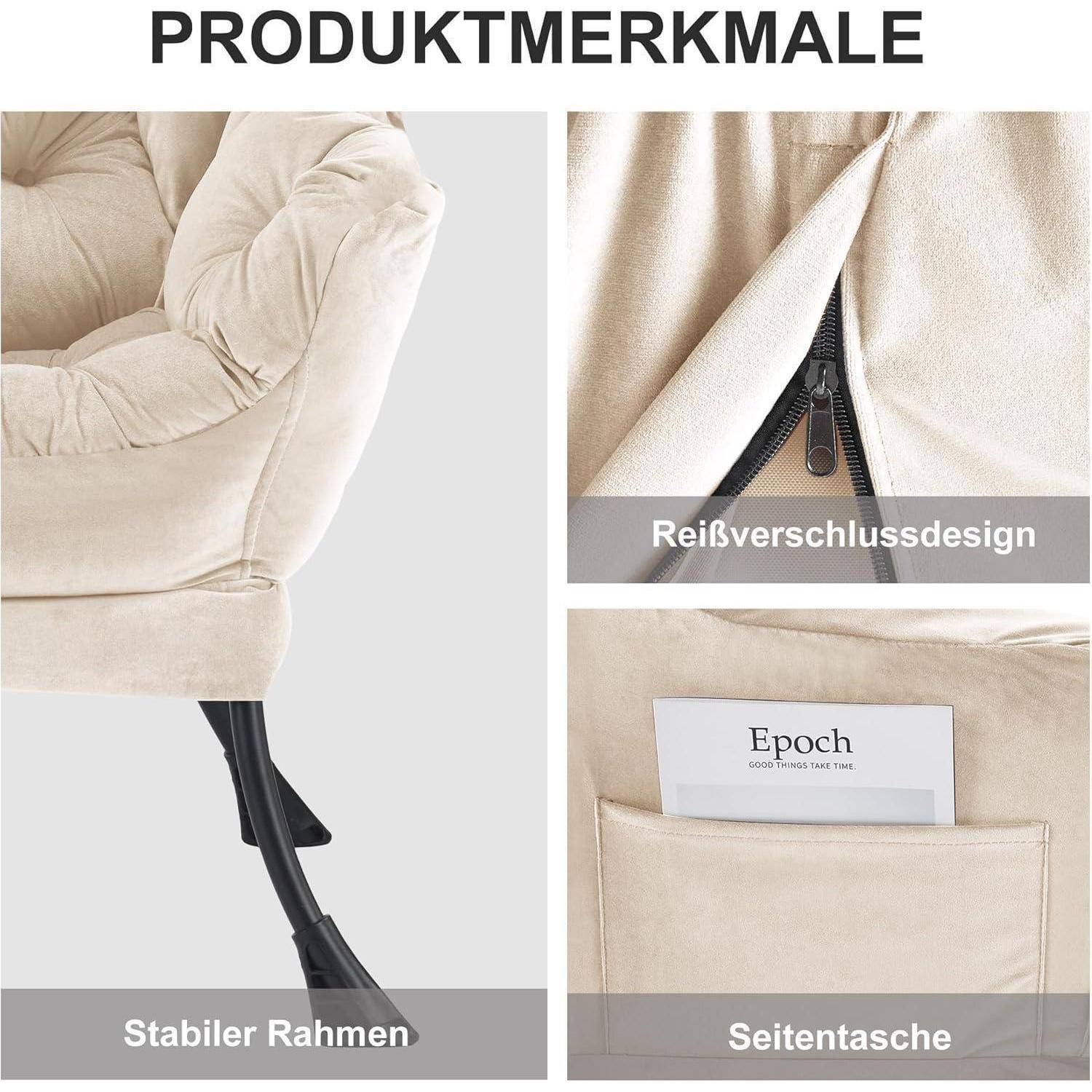Produktmerkmale eines beige gepolsterten Stuhls: stabiles Gestell, Reißverschlussdetail und Seitentasche.