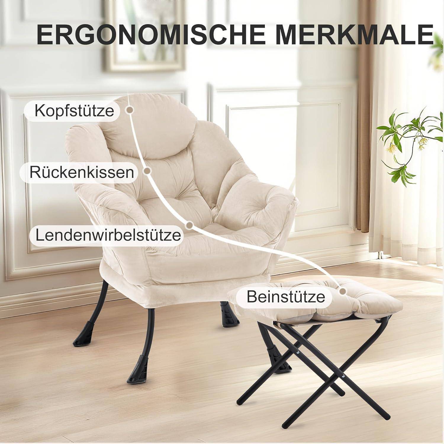 Beige ergonomischer Liegestuhl und Ottomane mit deutschen Beschriftungen der Kopf-, Rücken-, Lenden- und Beinstützfunktionen.