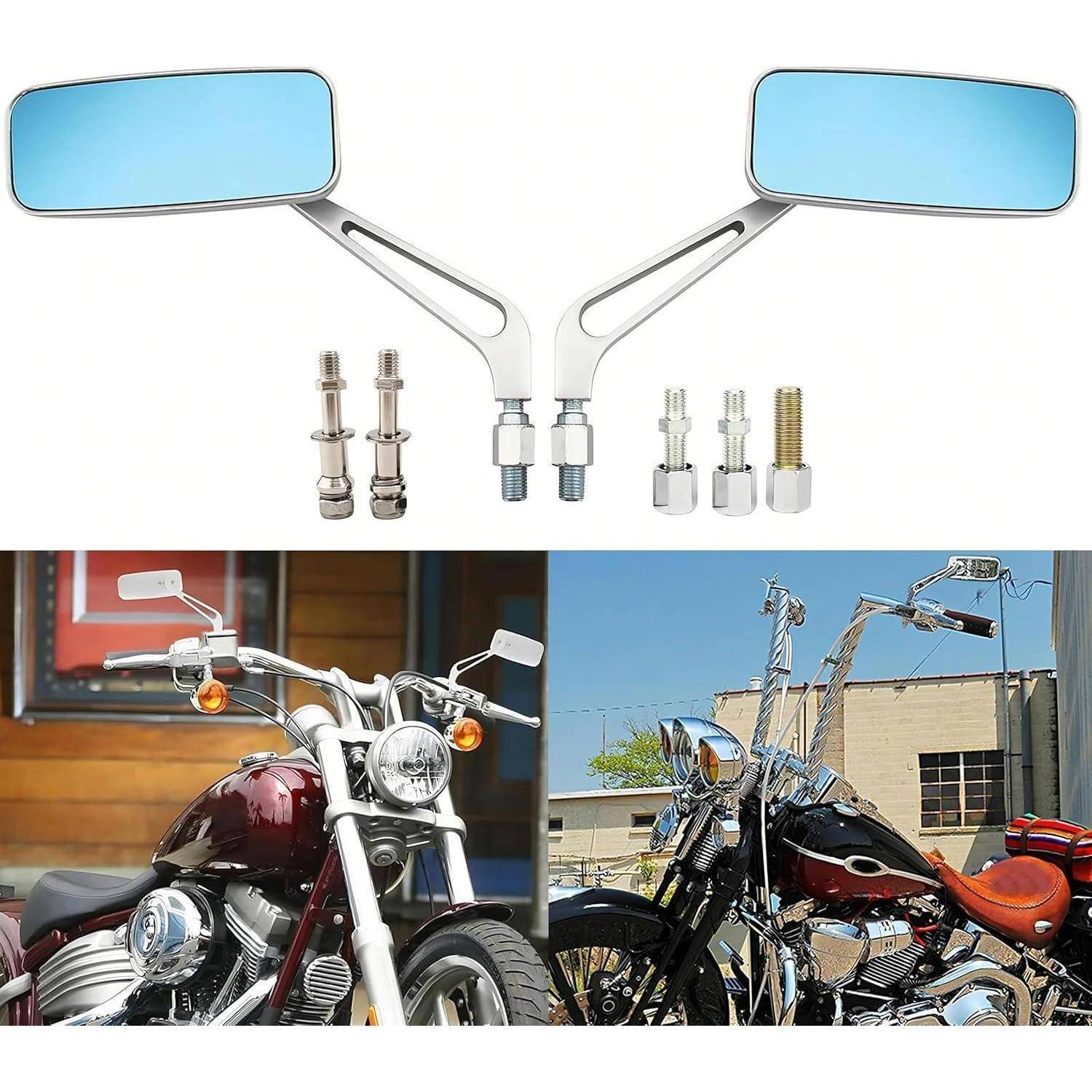 Satz verchromter Motorradersatzspiegel mit Montagebügeln, oben dargestellt und unten auf zwei Custom Bikes montiert.