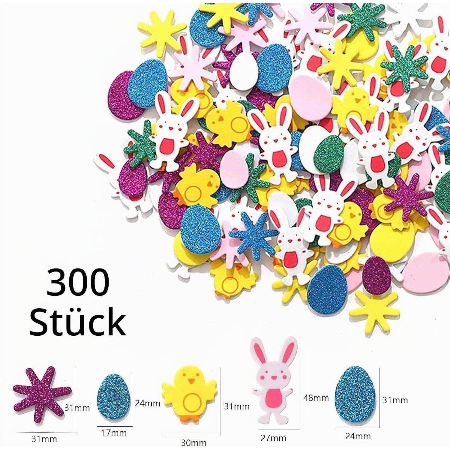 Assortiertes Glitter-Oster-Bastel-Konfetti mit Hasen, Küken, Eiern und Blumen; gekennzeichnet mit „300 Stück" und mit Größenbeispielen in Millimetern.