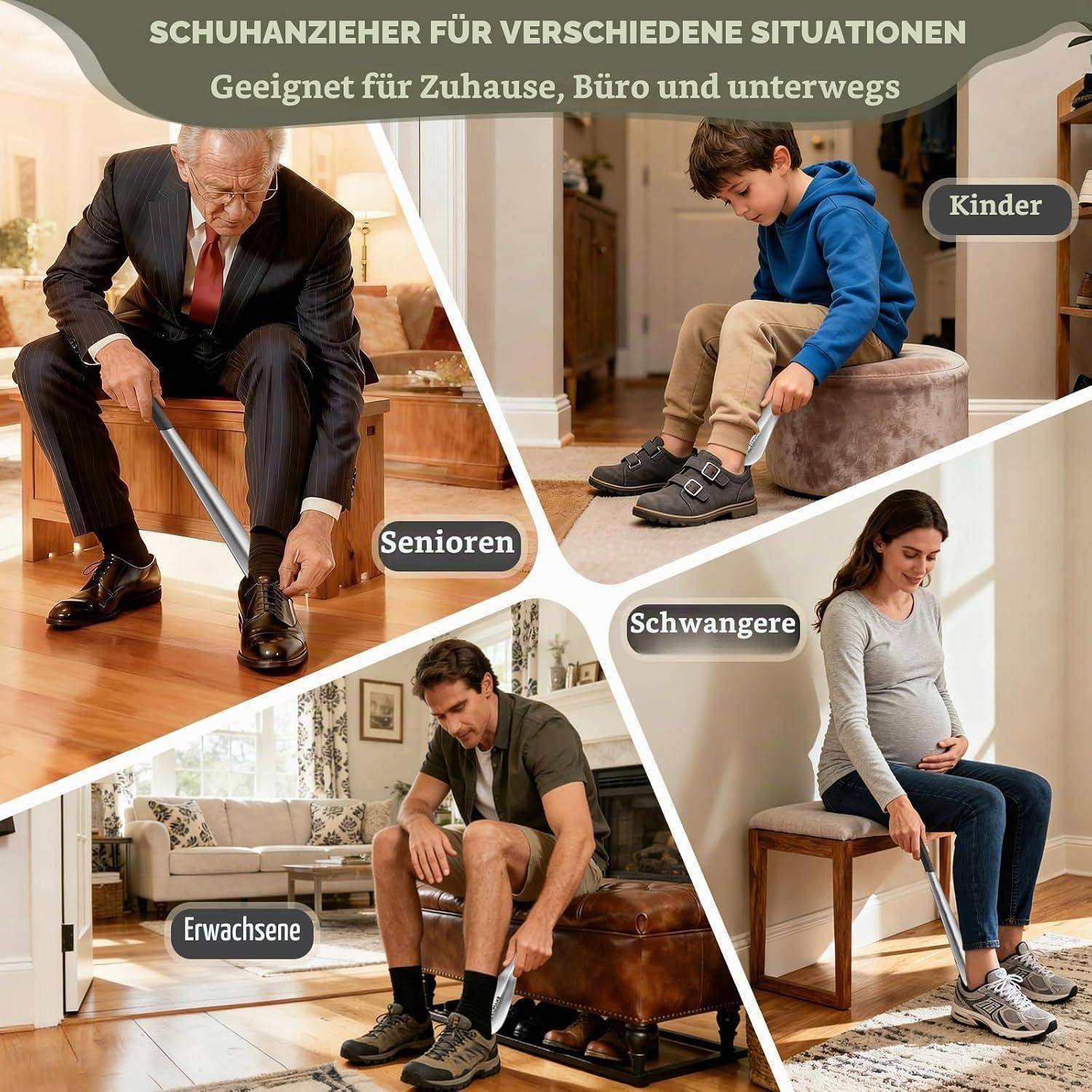 Collage zeigt einen Schuhlöffel für verschiedene Situationen, verwendet von Senioren, Kindern, Erwachsenen und schwangeren Frauen zu Hause, im Büro oder unterwegs.