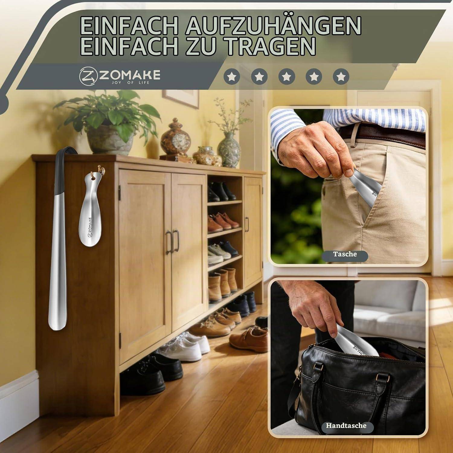 Werbung für ZOMAKE-Schuhanzieher, die einen langen Schuhanzieher zeigt, der an einem Flurschrank hängt, und einen kurzen, der aus einer Tasche oder Handtasche verwendet wird, um Schuhe anzuziehen.
