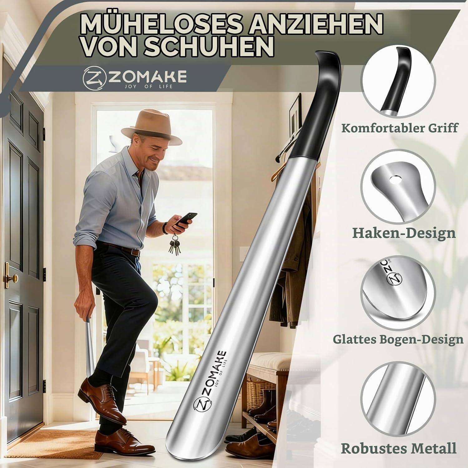 Werbung für ZOMAKE Schuhlöffel mit einem Mann, der mühelos Schuhe anzieht; zeigt einen langen Metallschuhlöffel mit ergonomischem Griff, Hakenkonstruktion und glatter, geschwungener Form.