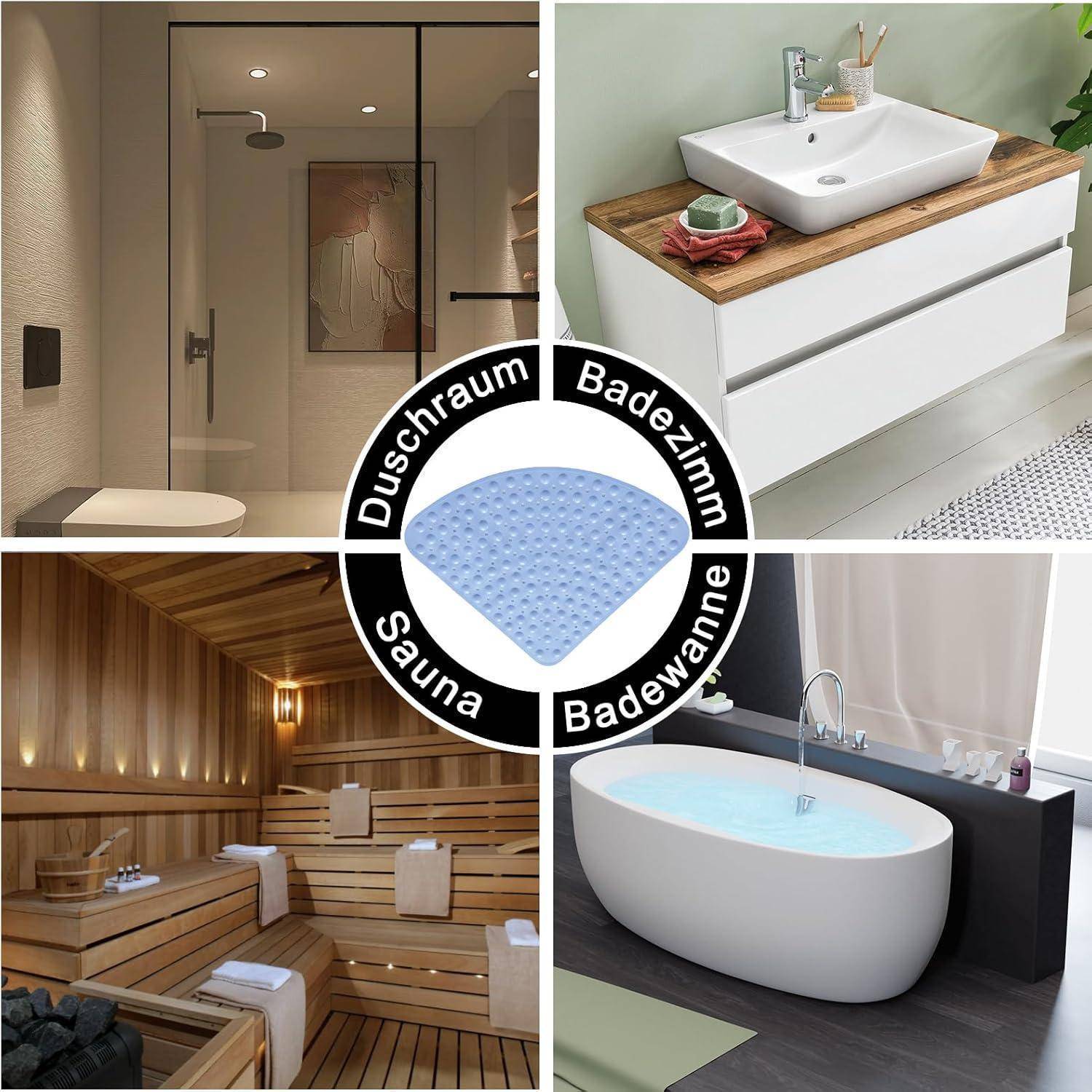 Collage eines Spa-Badezimmerbereichs: Duschraum, Waschtisch, Sauna und Badewanne, mit Mittelbeschriftungen „Duschraum
