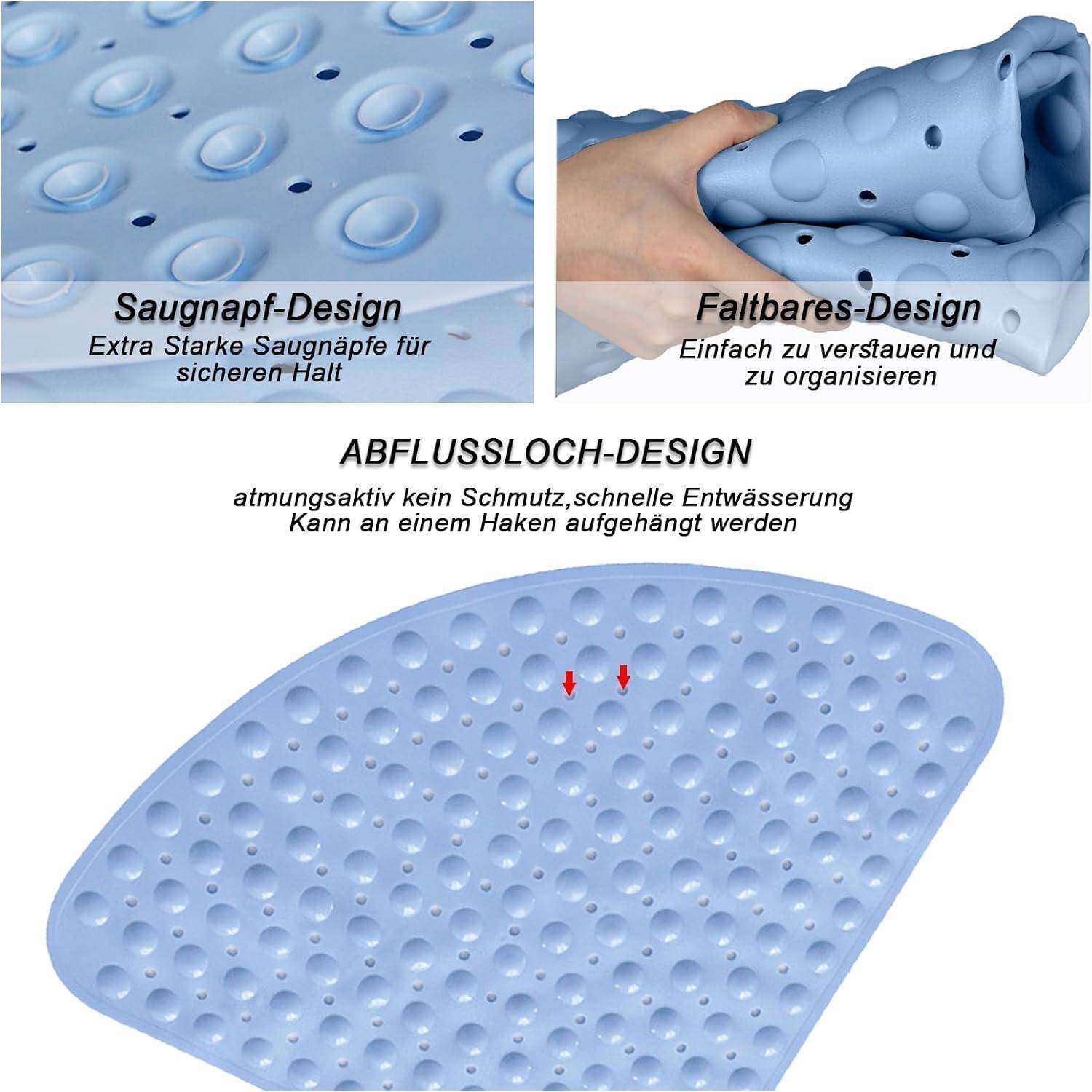 Blaue Silikonbadematte mit Saugnäpfen, zusammenklappbares Design und Ablöcher; deutscher Text hebt sichere Griffigkeit, einfache Lagerung und schnelle Entwässerung hervor.