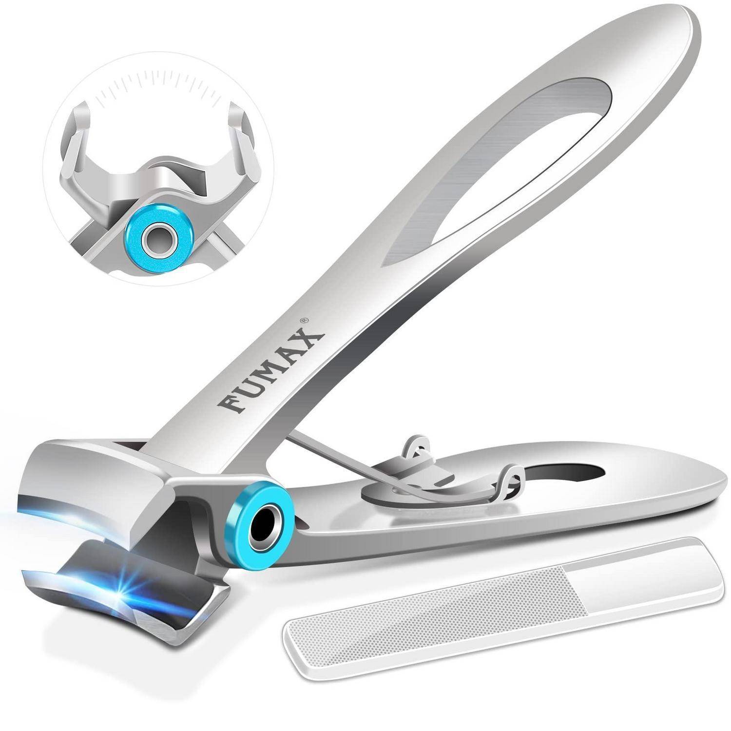 Silberner FUMAX Nagelknipser mit blauem Akzent, geöffnet abgebildet, plus separate Nagelfeile und Nahaufnahme des Schneidekopfes.