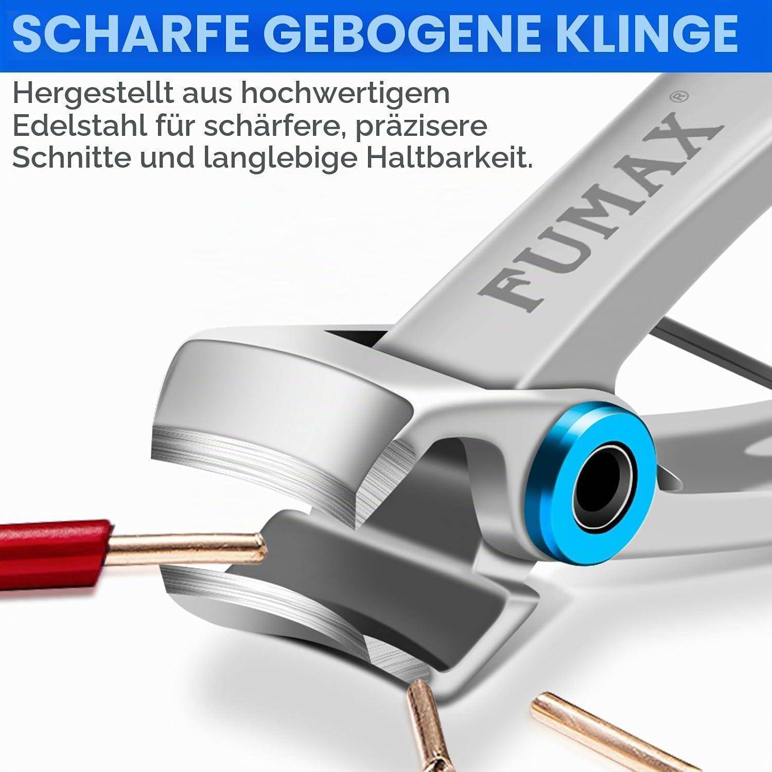 FUMAX Scharfe gebogene Klinge Schneidewerkzeug schneidet Elektrokabel; Der Text besagt, dass es aus hochwertigem Edelstahl für präzise Schnitte und Langlebigkeit hergestellt ist.