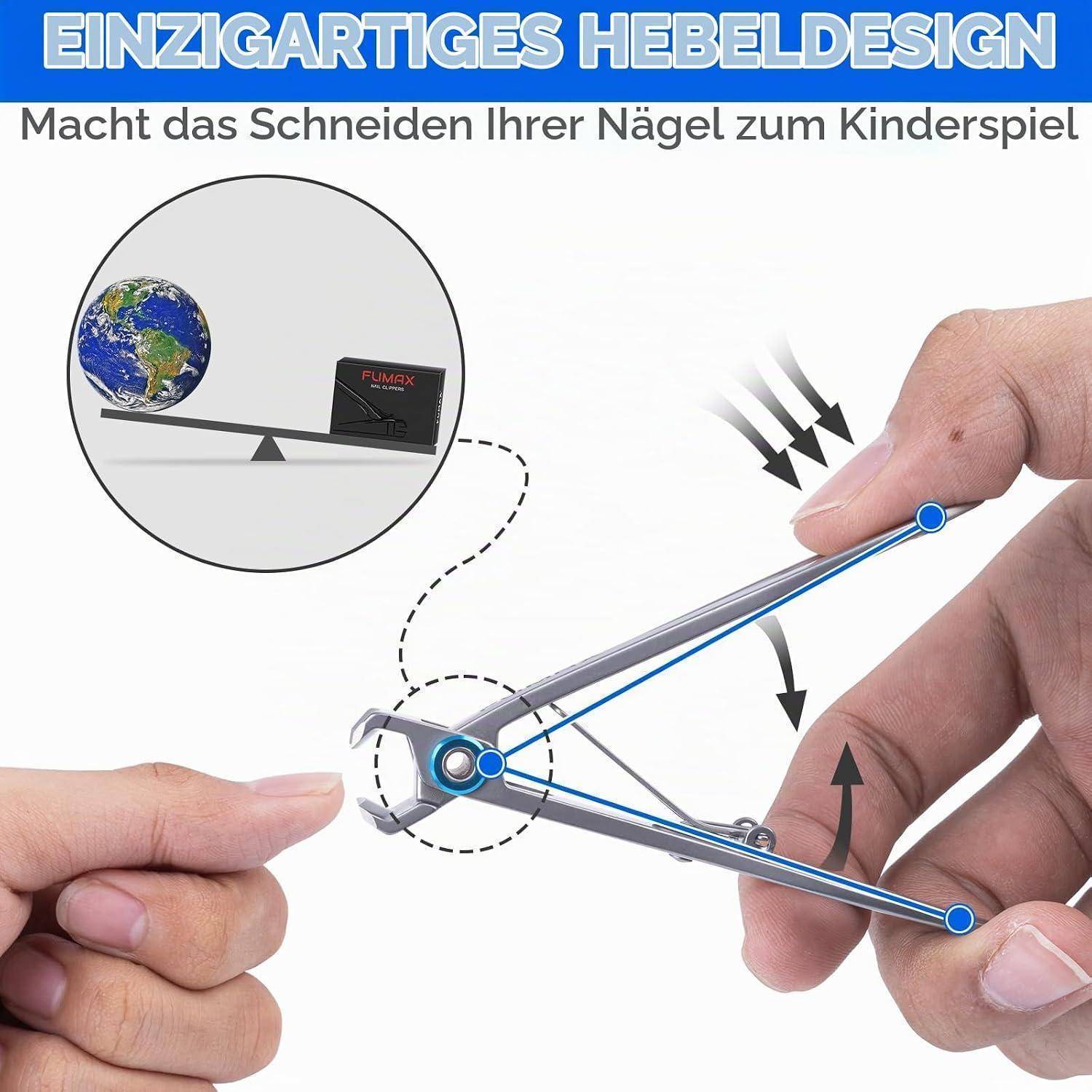 Werbegrafik einer Nagelzange mit dem Text „einzigartiges Hebeldesign