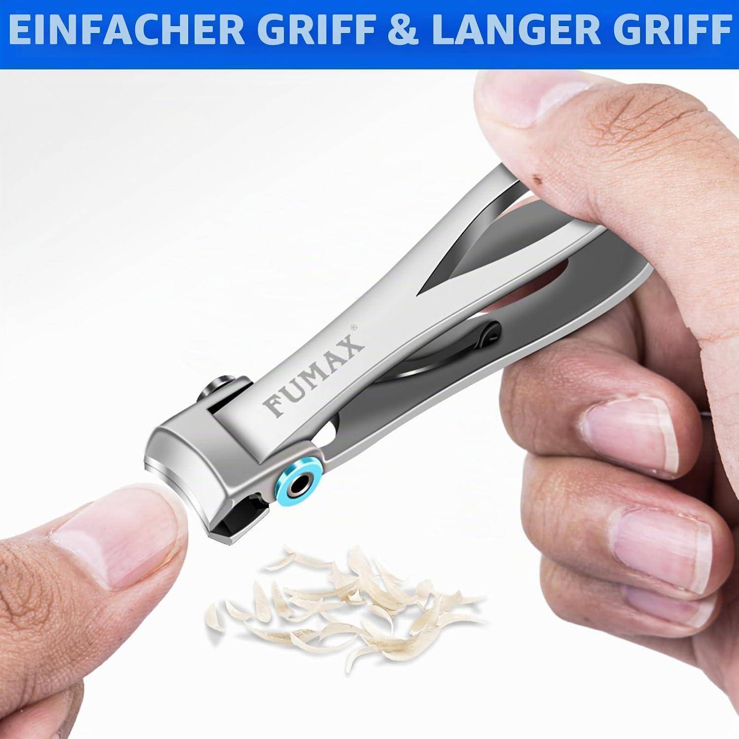 Hände verwenden einen FUMAX Nagelknipser an einem Fingernagel, mit deutschem Text „EINFACHER GRIFF & LANGER GRIFF